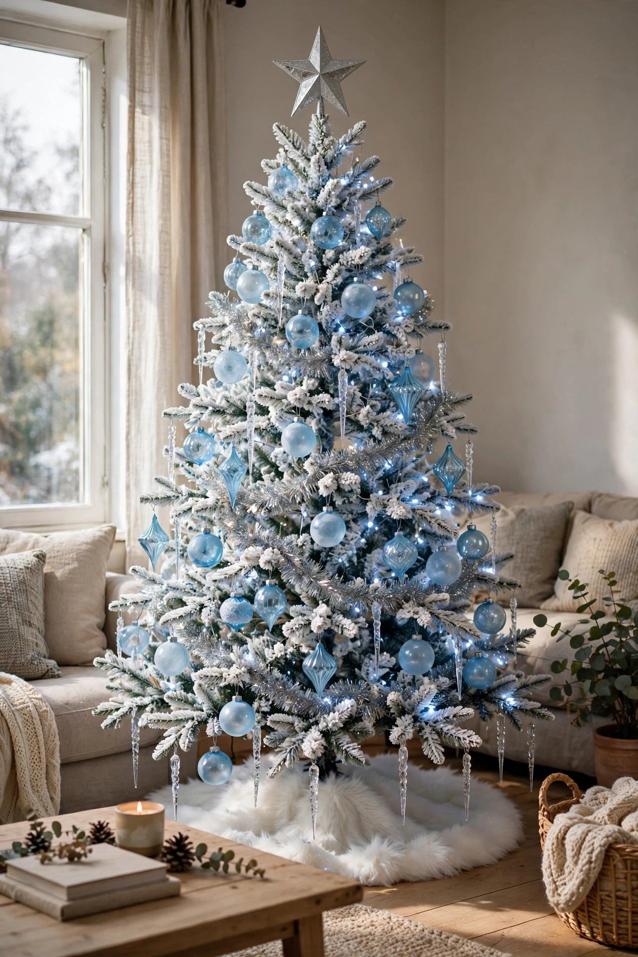 Icy silver and blue Christmas tree with white lights