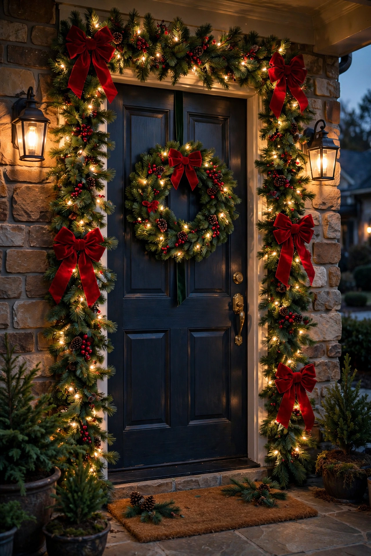 Red and green garland on front door for christmas door decorating contest