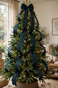 Christmas tree decorated with black watch tartan ribbon cascade