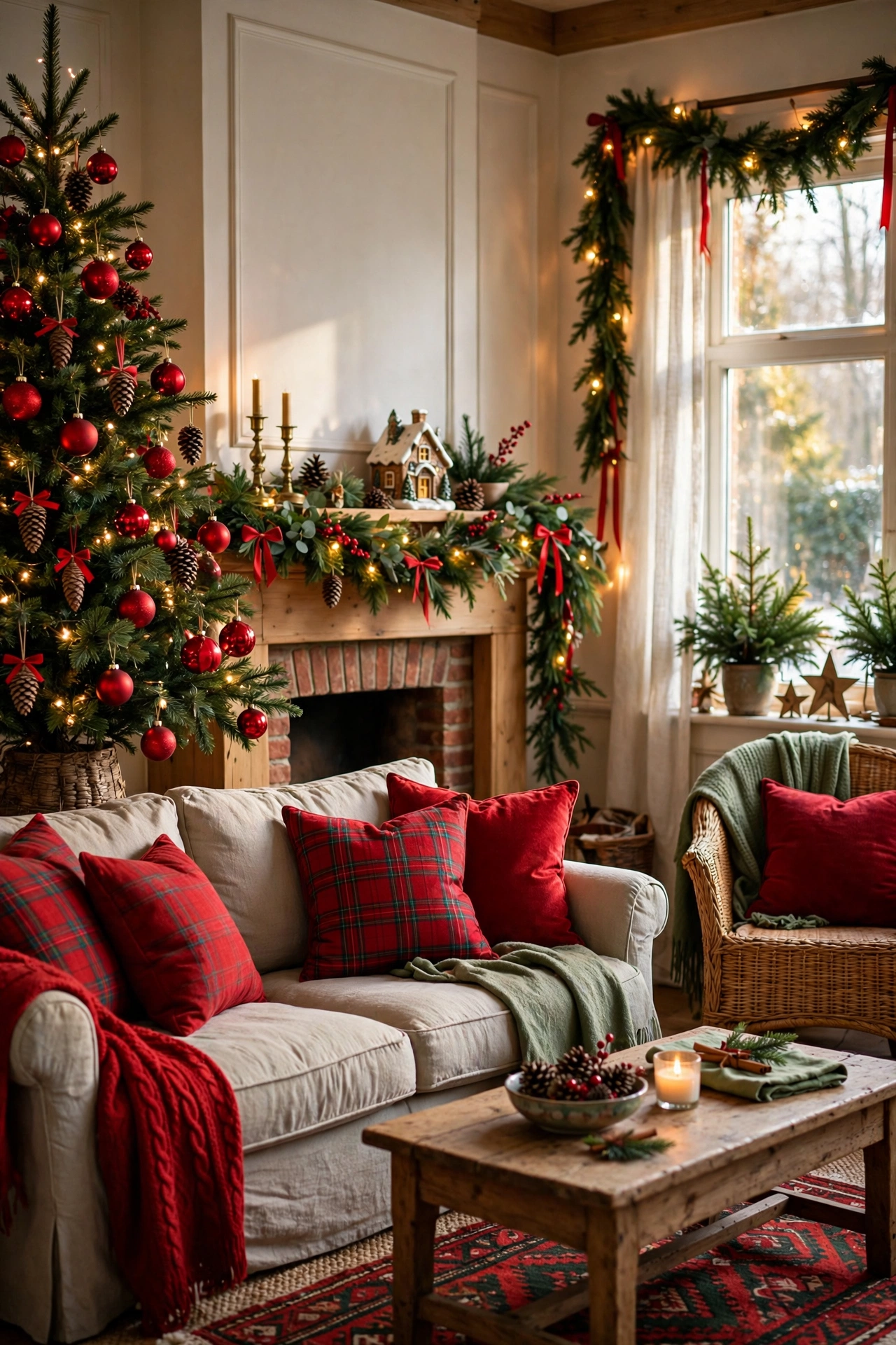 Living room with traditional red and green classic Christmas decor