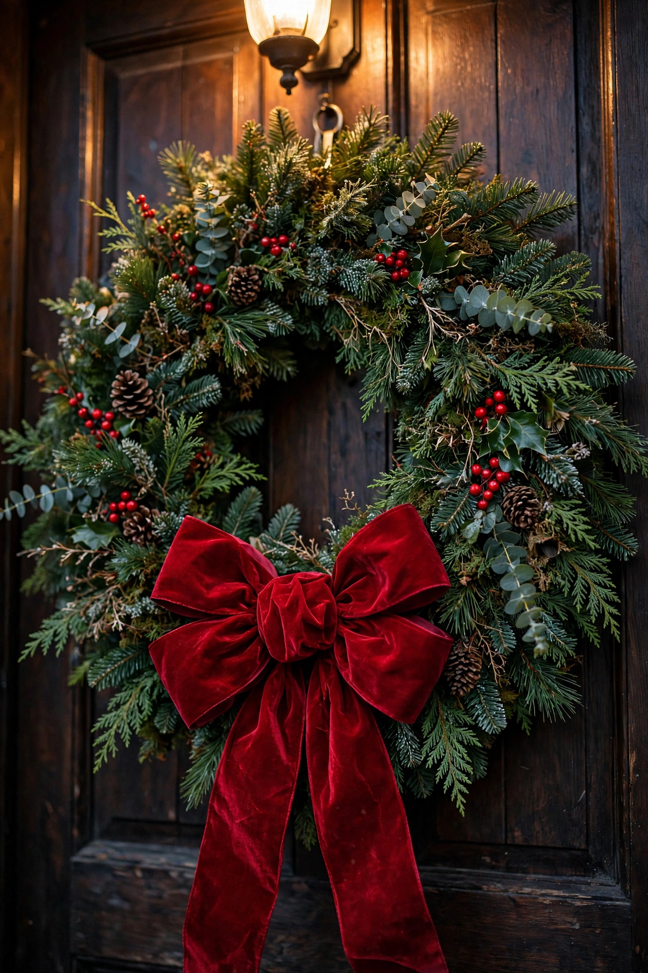 A grand lush evergreen Christmas wreath with a large red velvet bow hanging on a dark wooden front door.