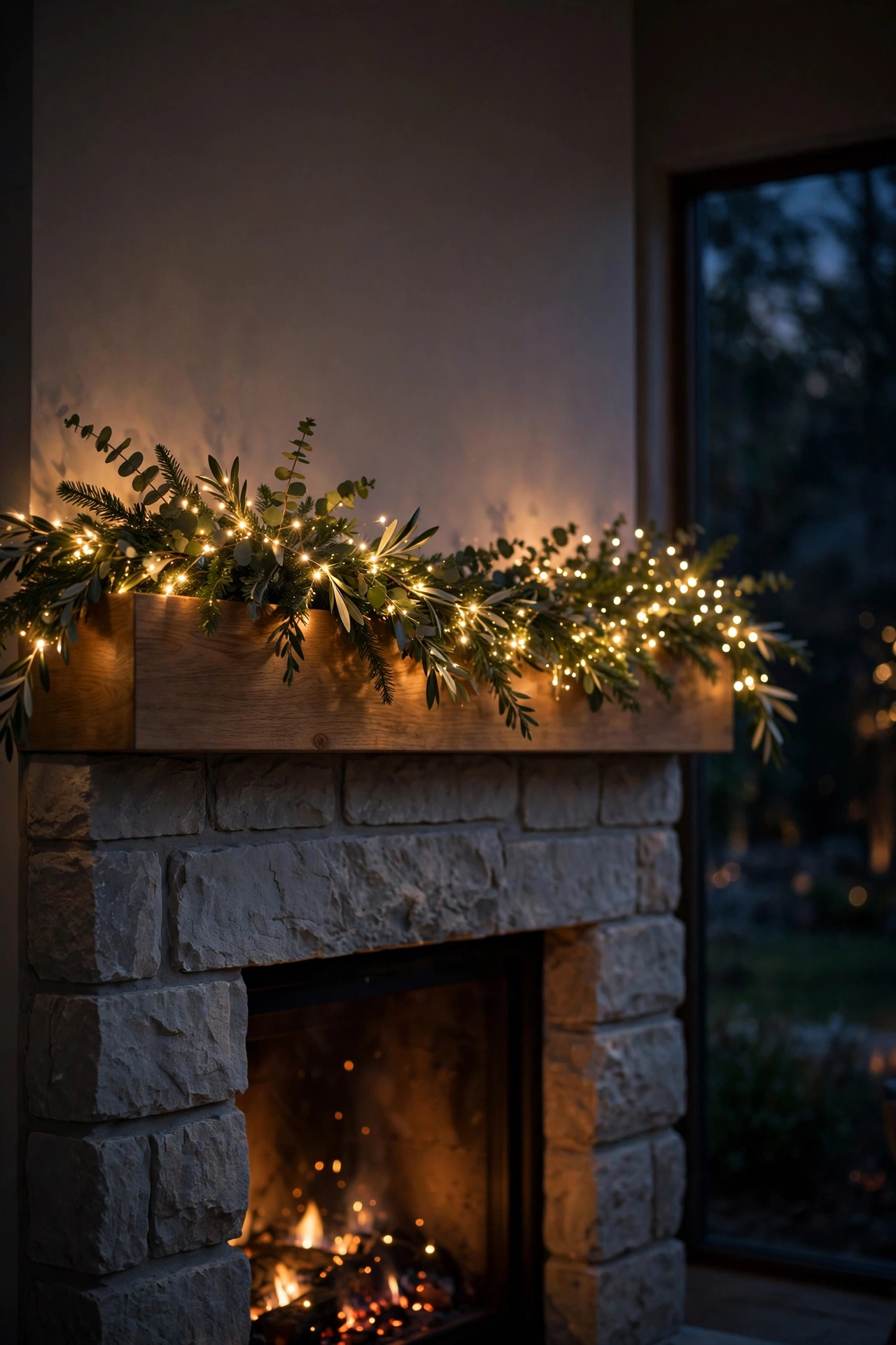 A Christmas mantle wrapped in twinkling warm white fairy lights glowing in the evening.
