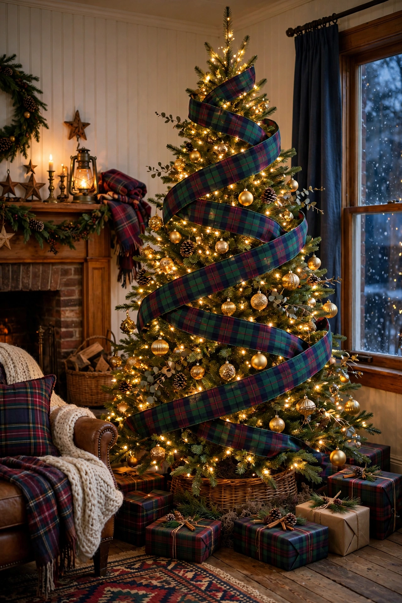 Christmas tree decorated with wide green plaid ribbon garland