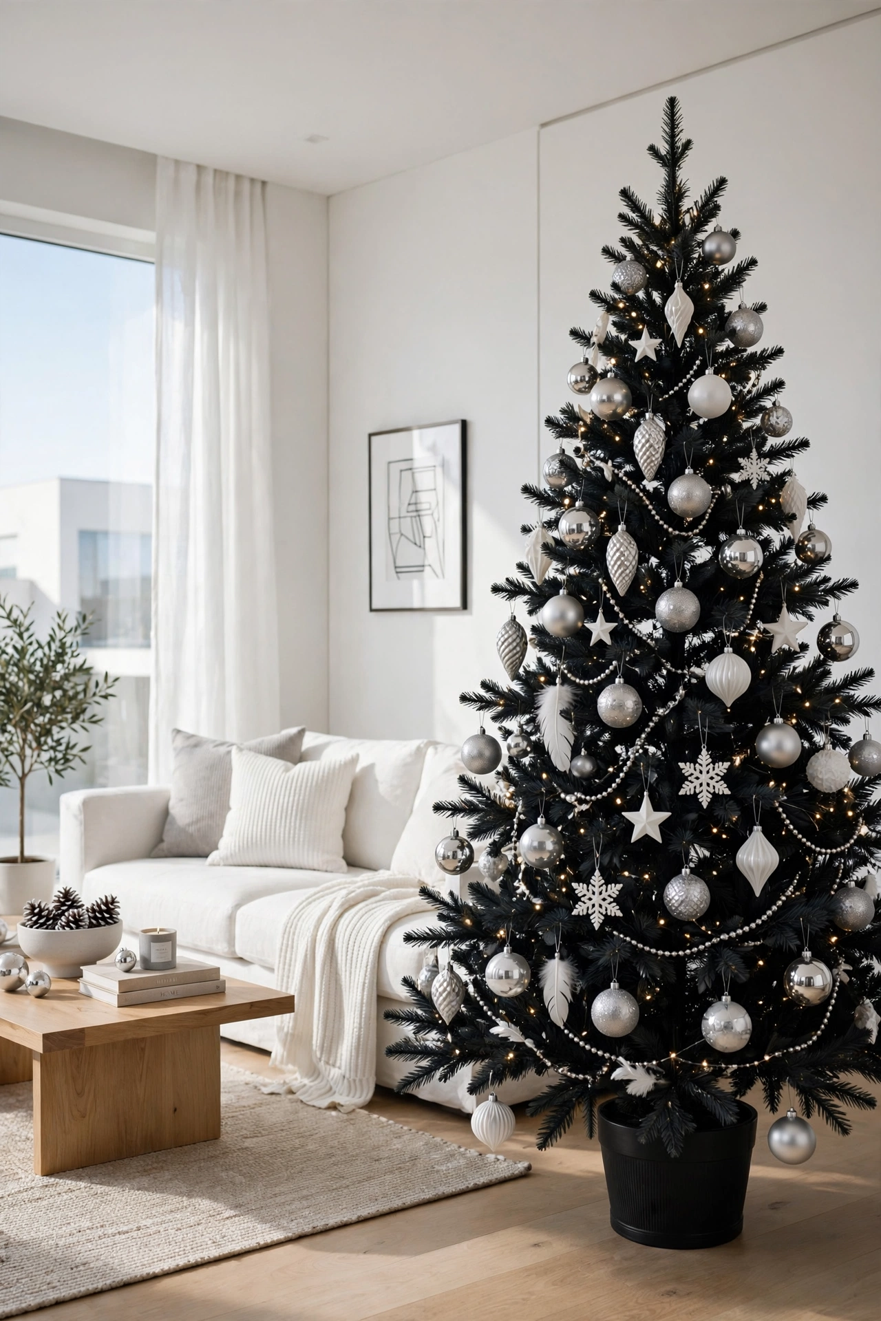 Modern black Christmas tree with silver and white ornaments in a bright minimalist living room