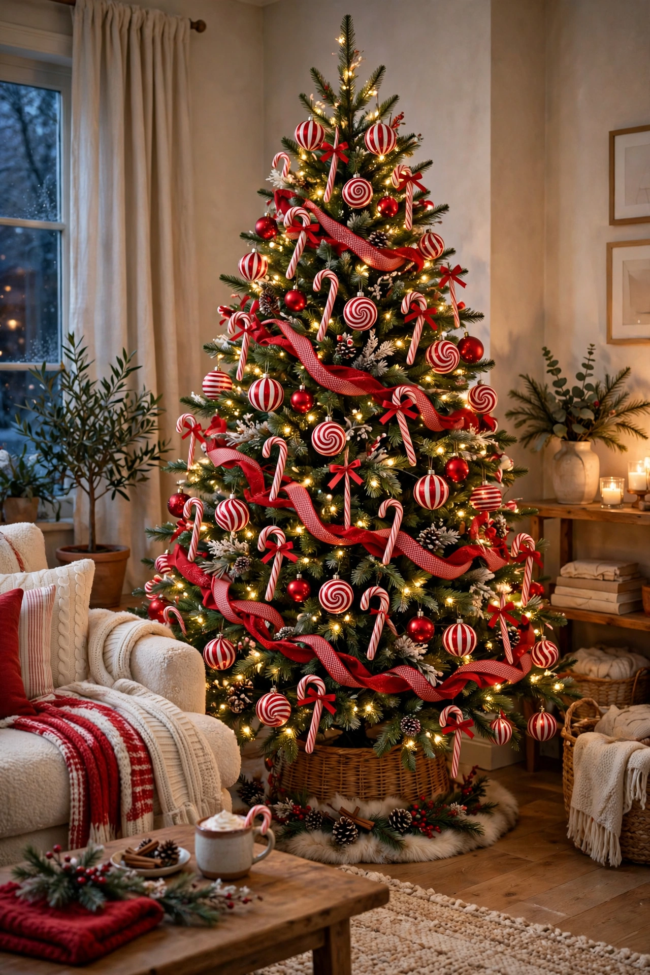A Christmas tree decorated in a red and white candy cane theme with striped ornaments in a cozy living room.