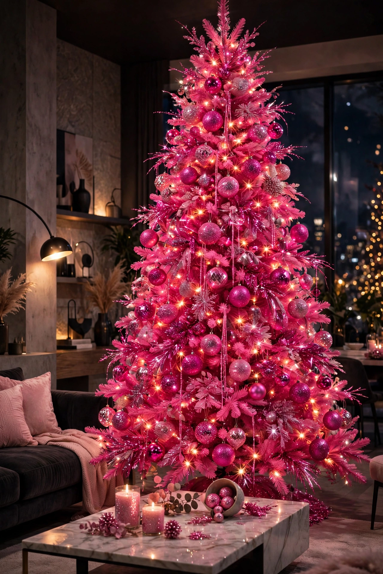 A hot pink glam Christmas tree covered in glitter ornaments and sparkling baubles in a chic modern room.