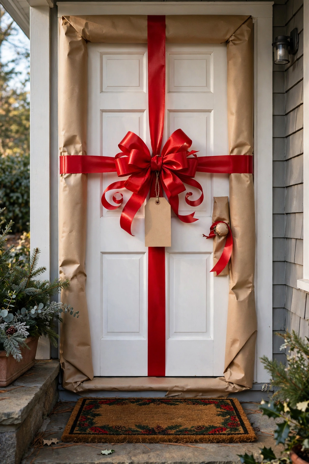 Front door wrapped like a giant gift with red bow