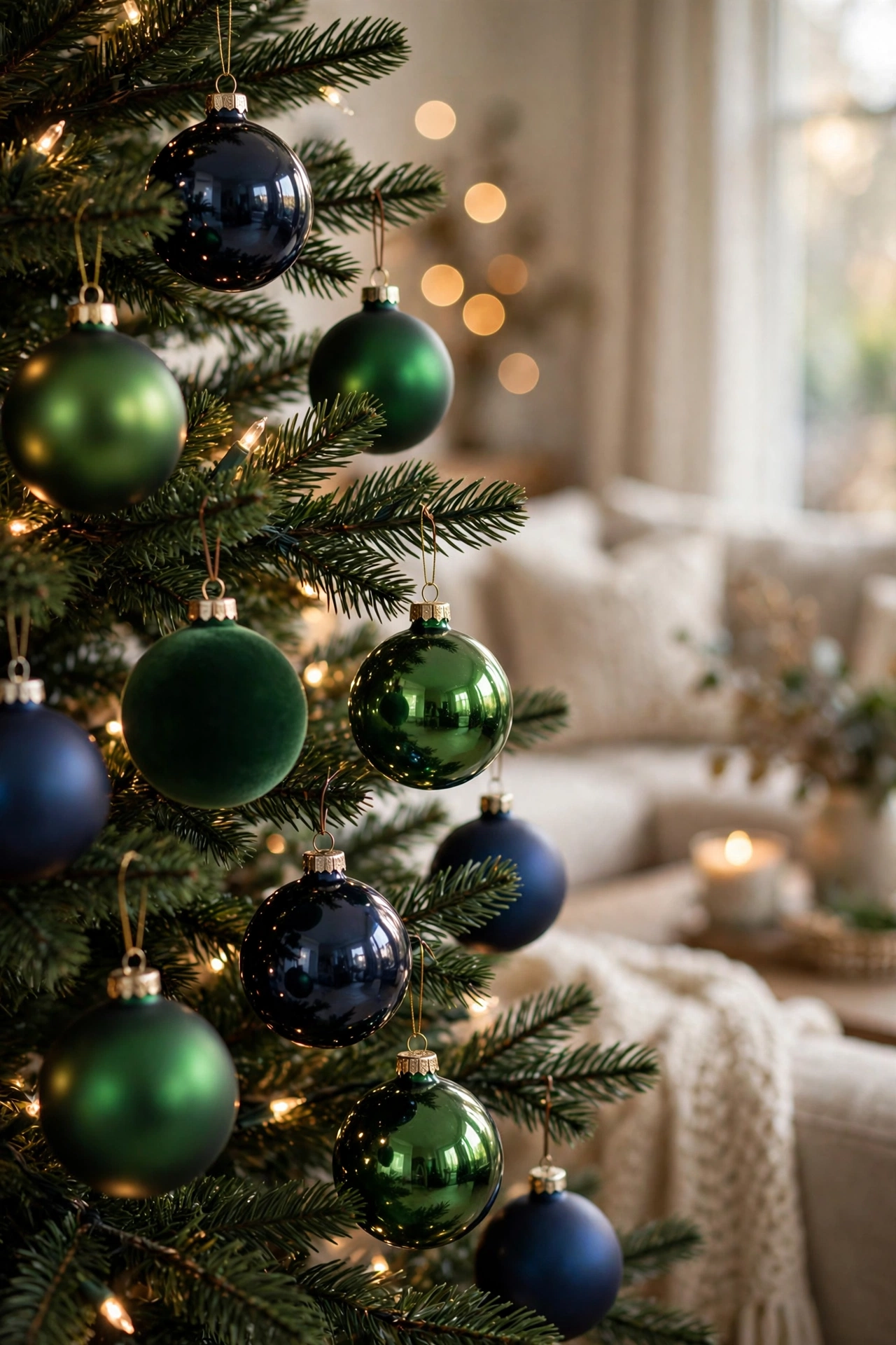 Hunter green and navy glass Christmas ornaments on tree