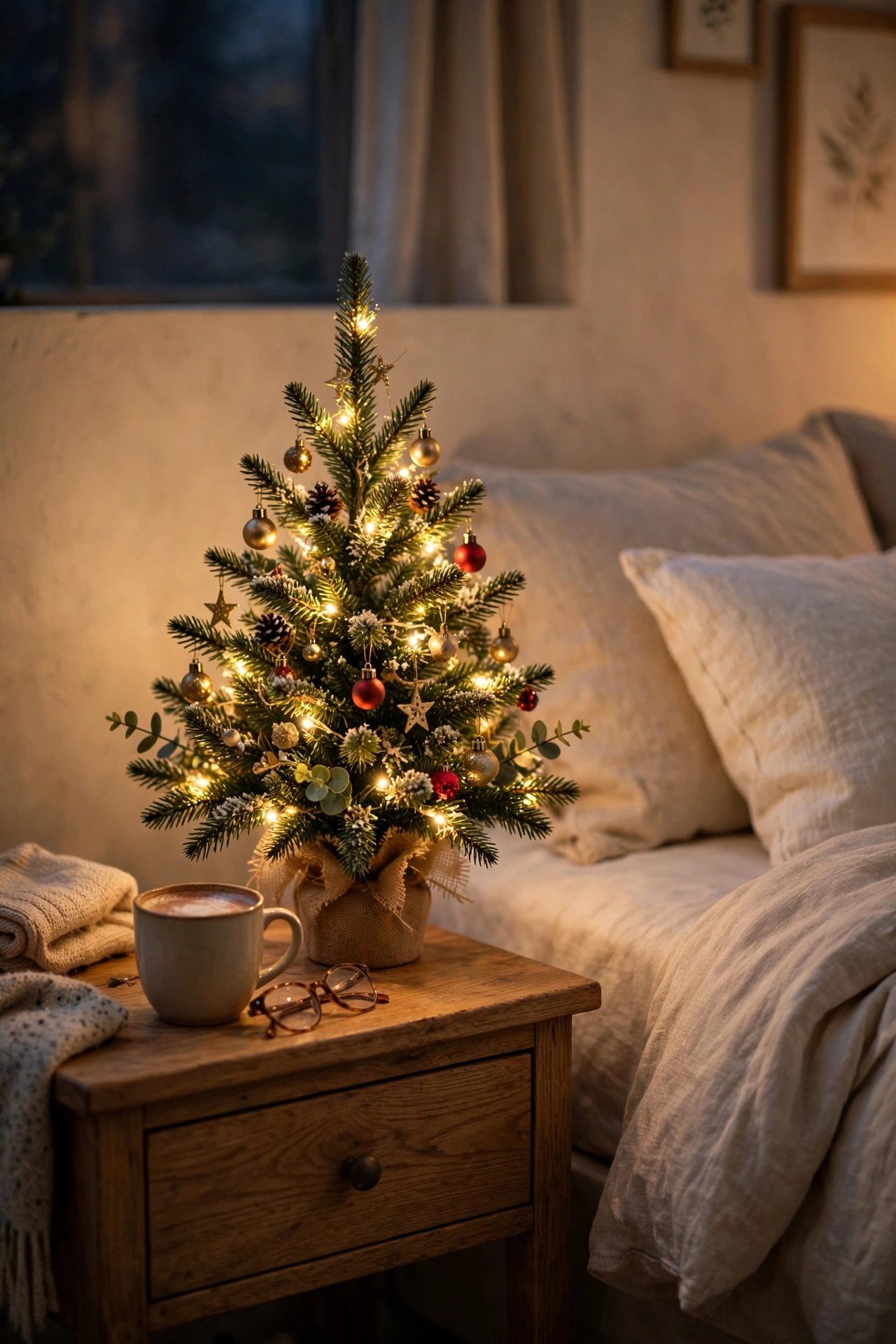 Small decorated Christmas tree on a bedroom nightstand with lights