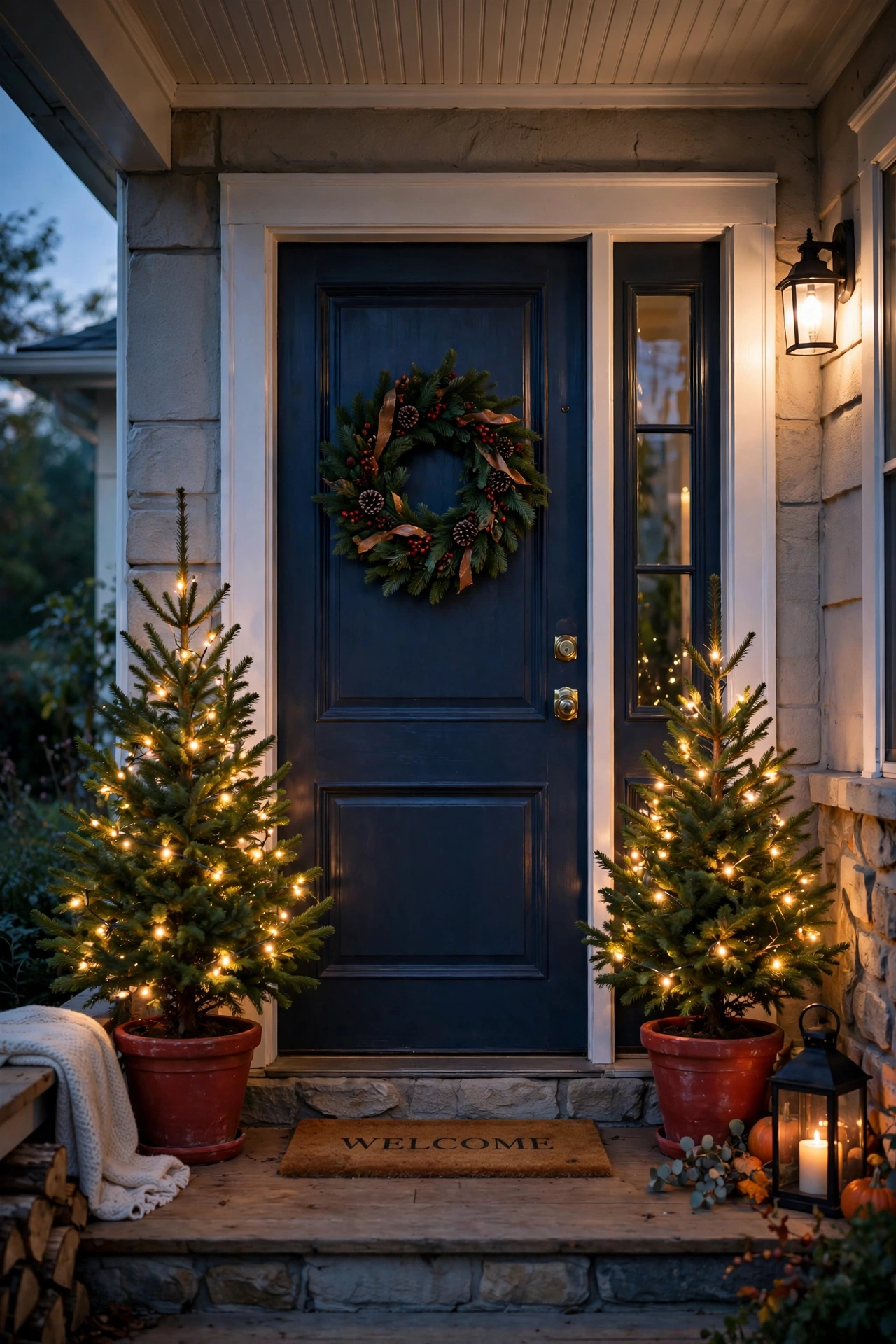 Two small potted evergreen Christmas trees with fairy lights flanking a front door in red planters.