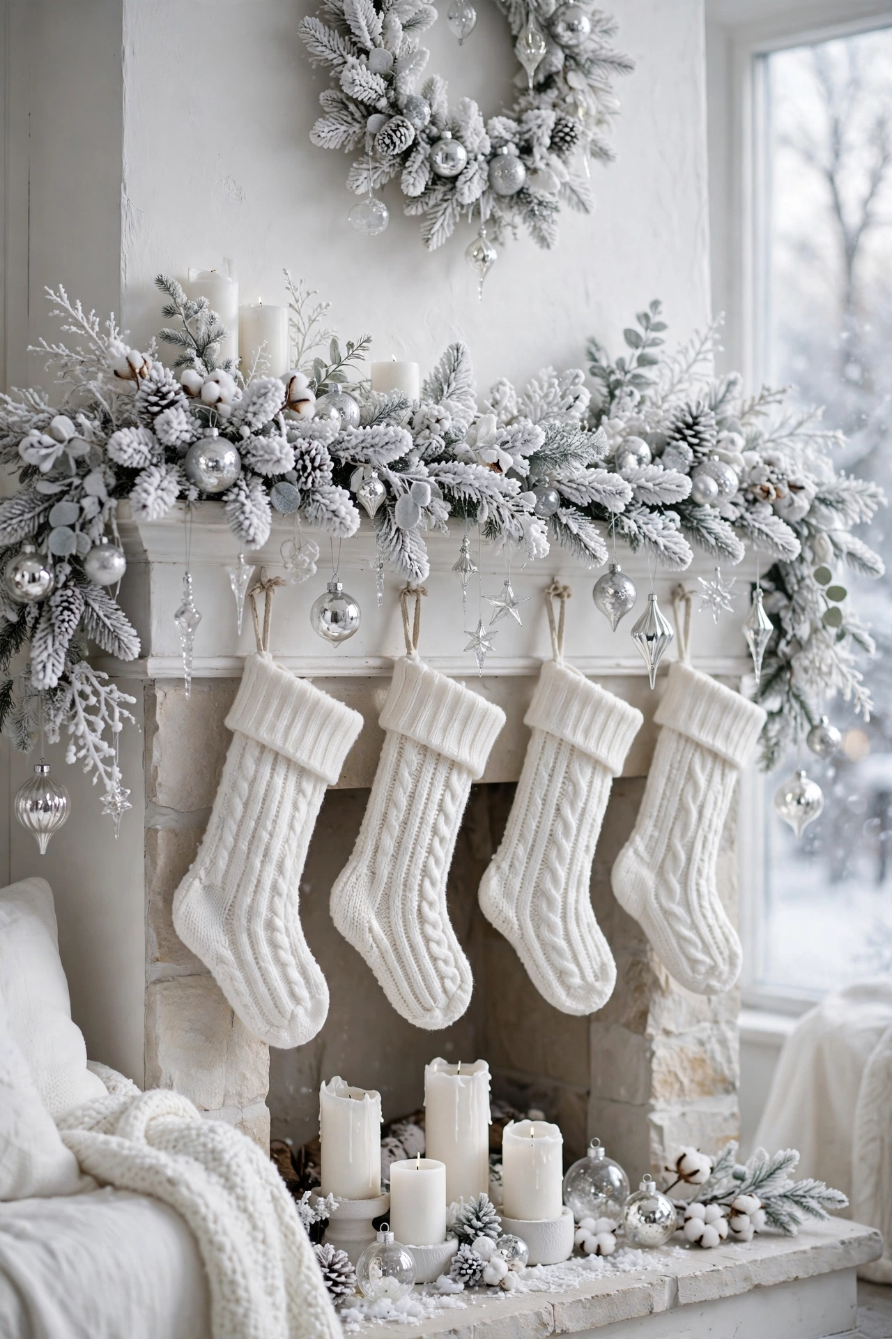 An all white winter wonderland Christmas mantle with snowy garland and silver ornaments.