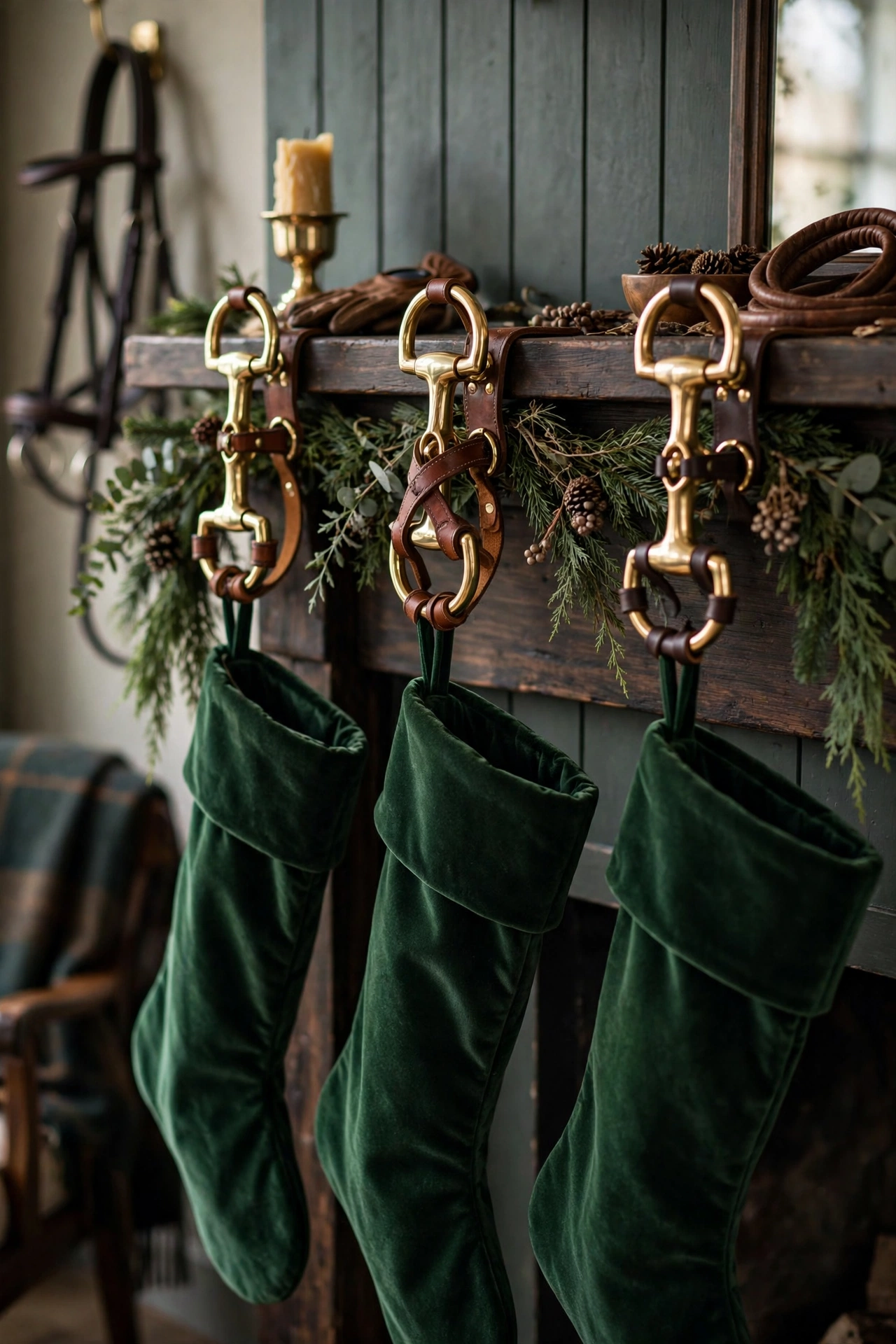 Brass and leather Christmas stocking holders on wooden mantel