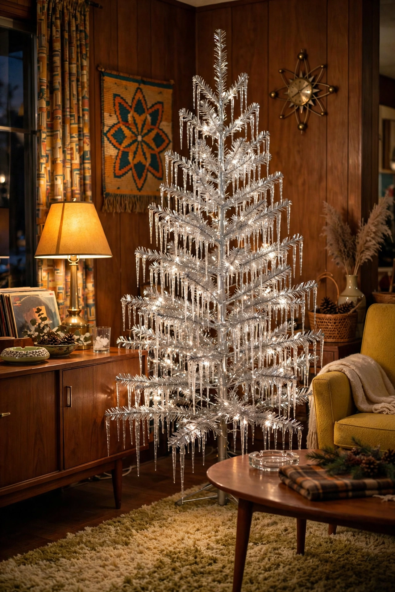 Aluminum tinsel Christmas tree with retro icicle strand decorations