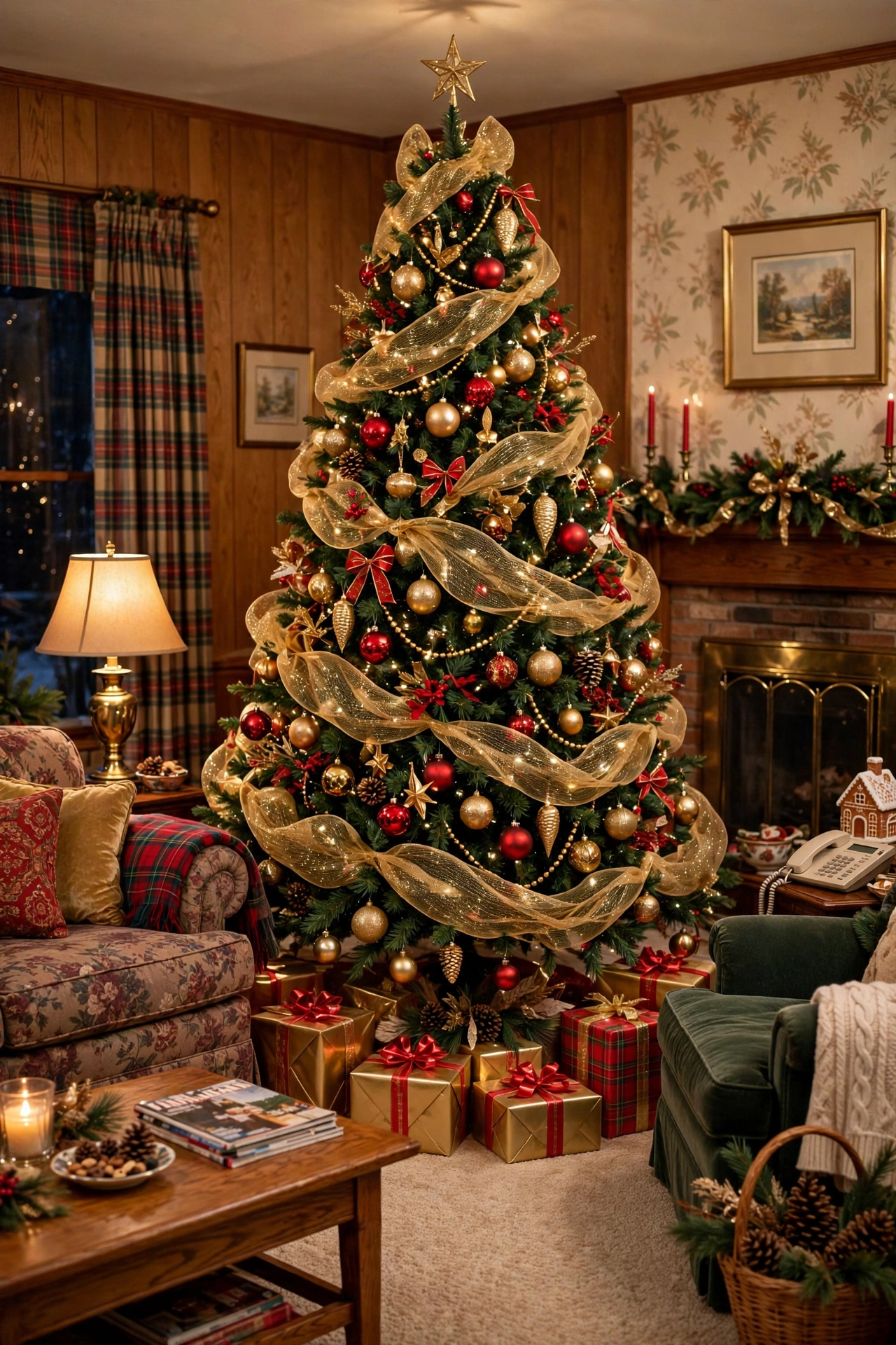 Gold mesh ribbon swags draped on 90s mall style tree