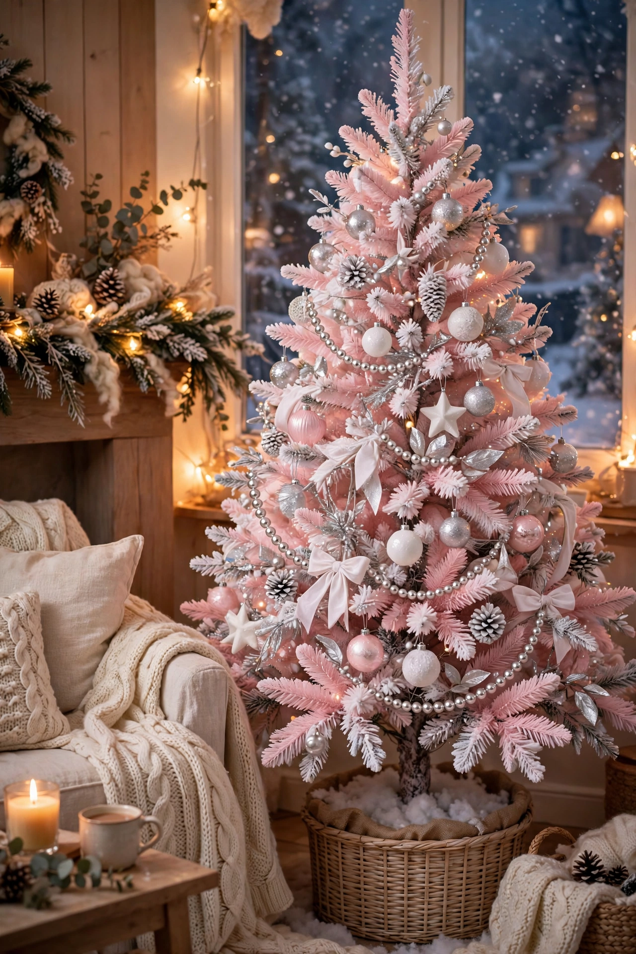 A pastel pink and white Christmas tree with white ornaments and soft snowy flocking in a cozy room.