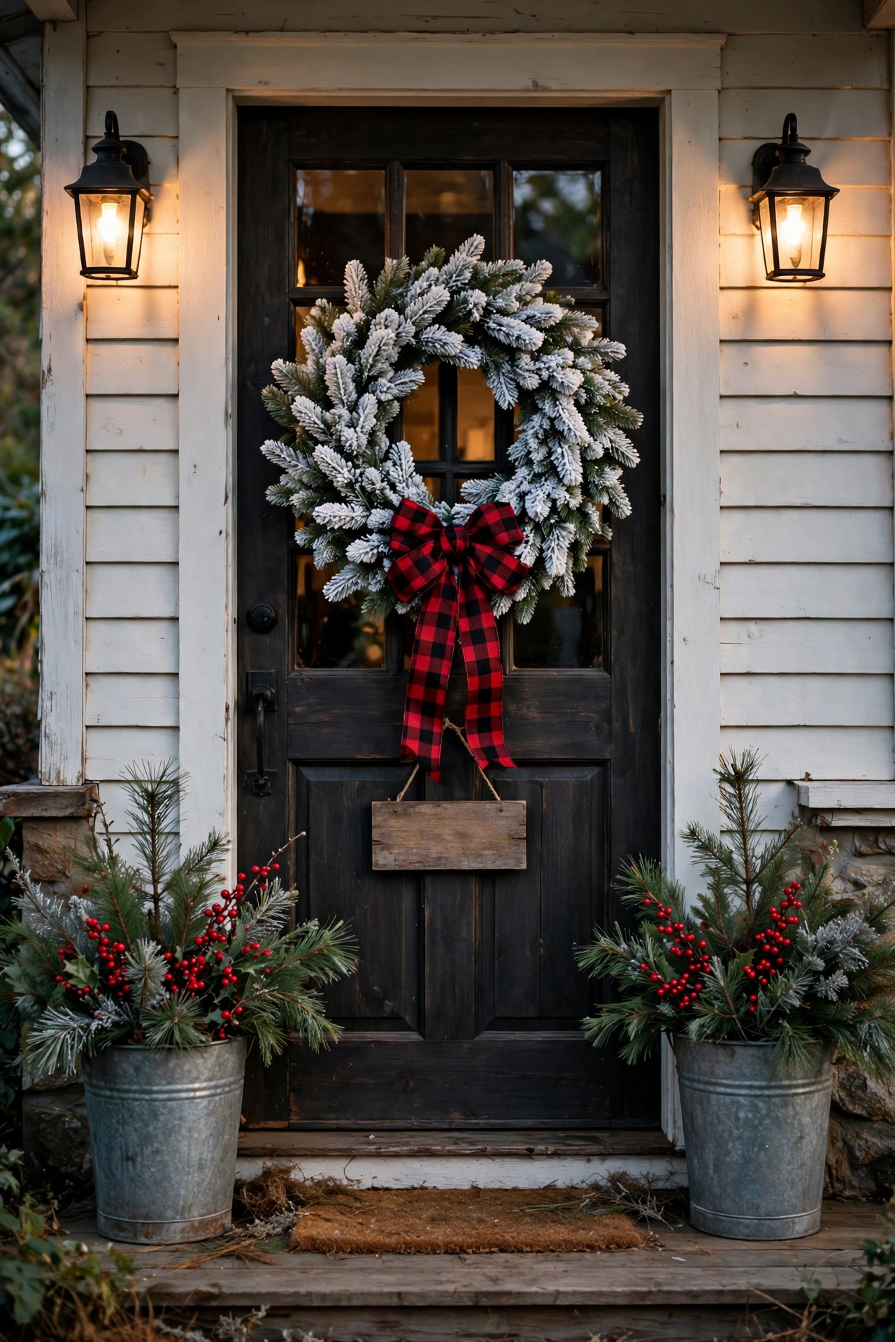 Flocked wreath and farmhouse decor on snowy front door