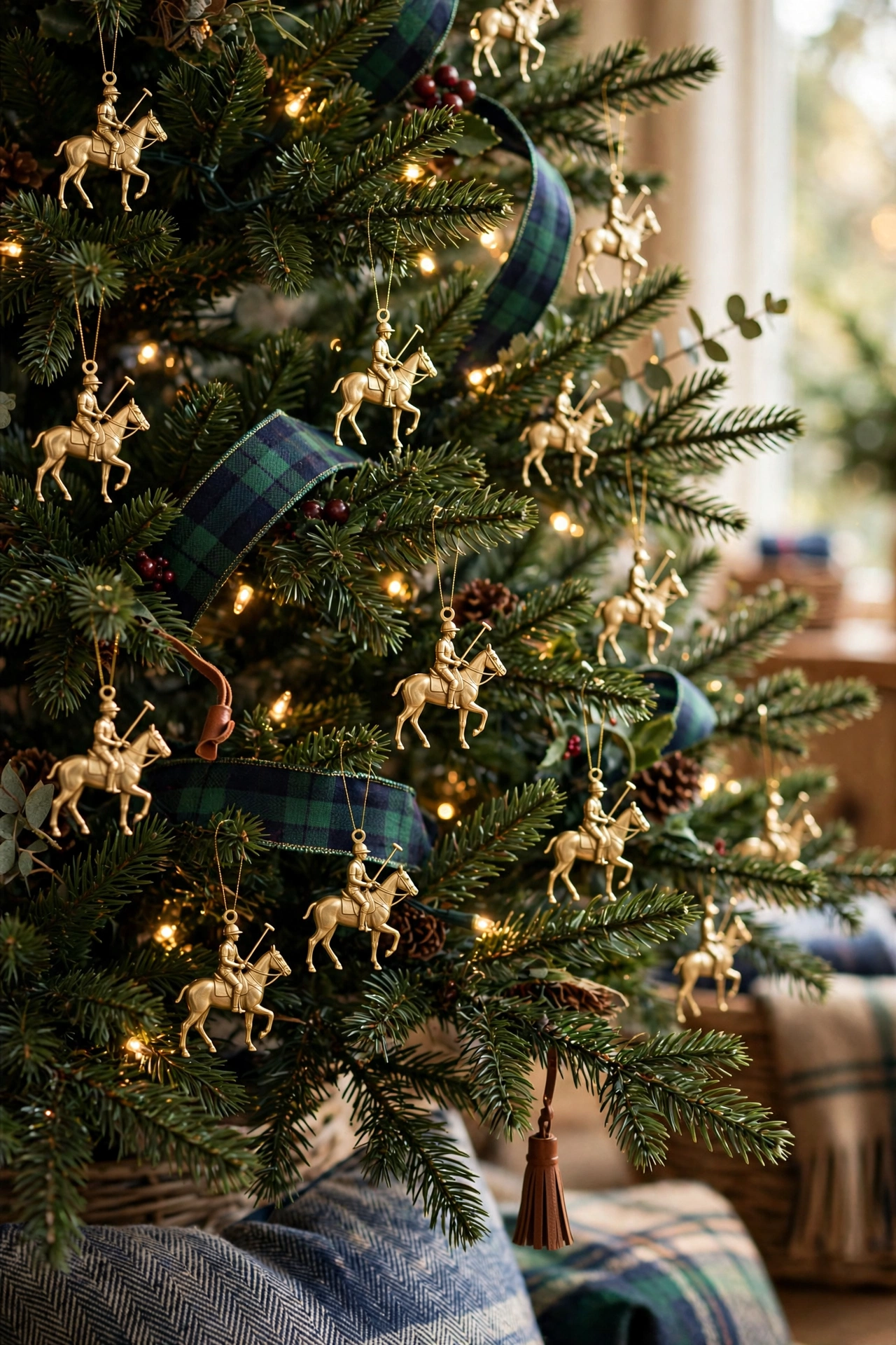 Brass polo player figurine ornaments hanging on Christmas tree