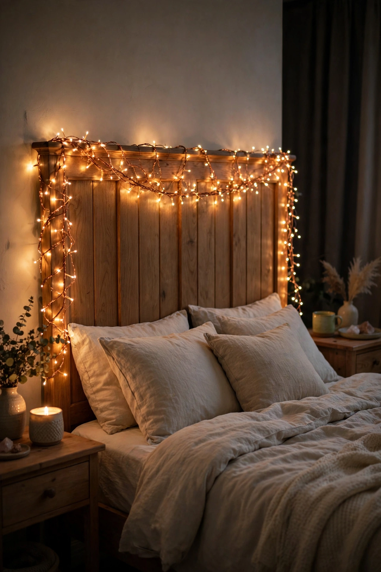 Bedroom headboard wrapped with warm twinkling fairy lights at night