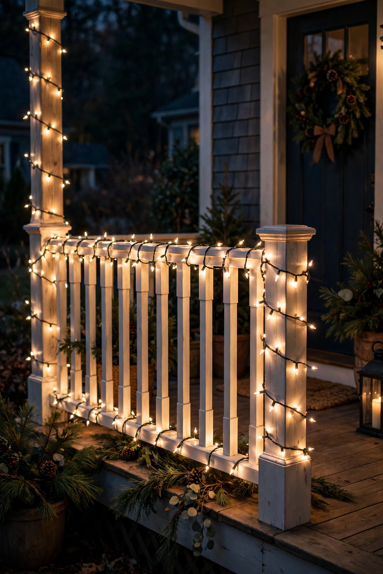 A front porch railing wrapped in warm white Christmas string lights glowing at night.
