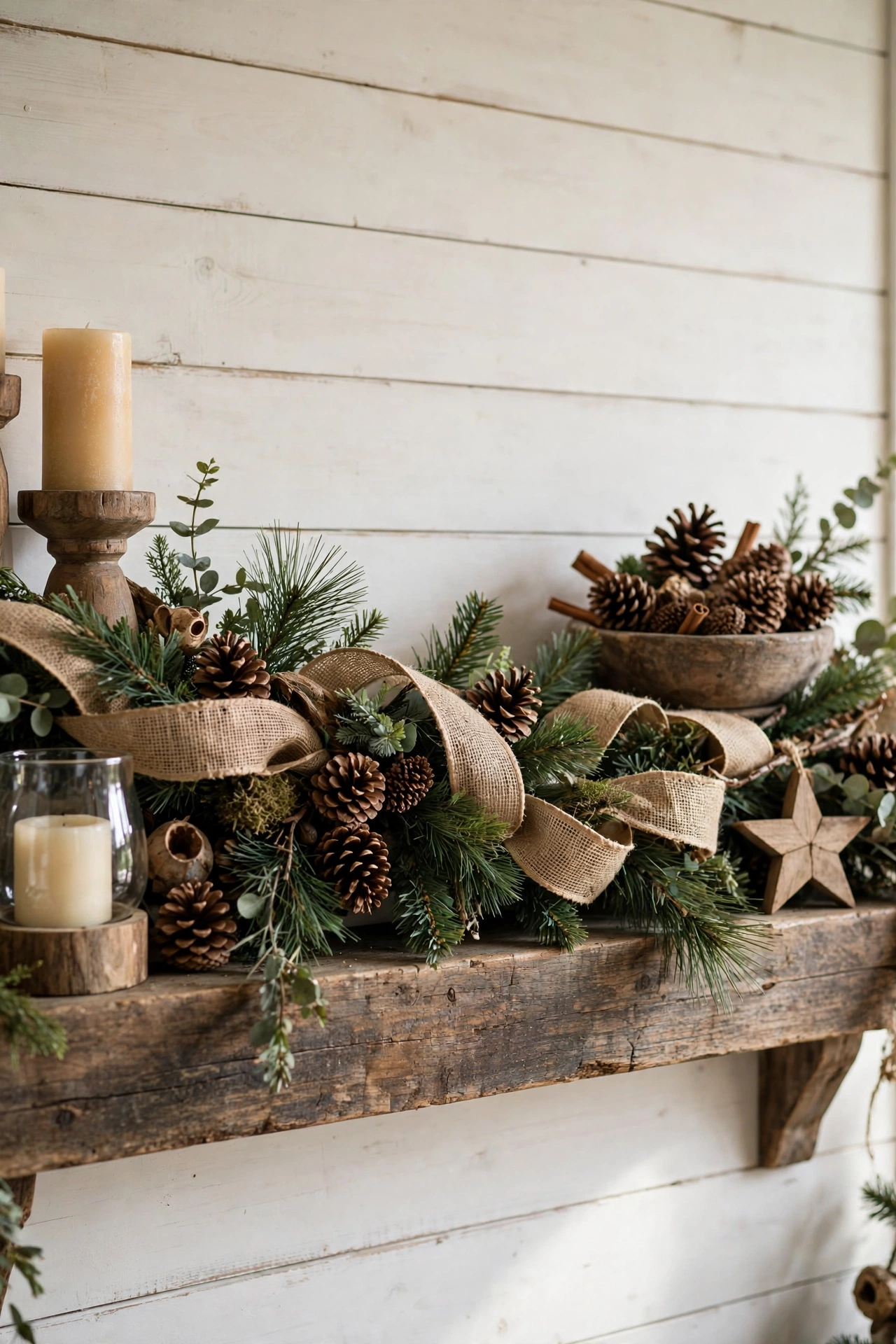 A rustic Christmas mantle decorated with pinecones and burlap ribbon garland.