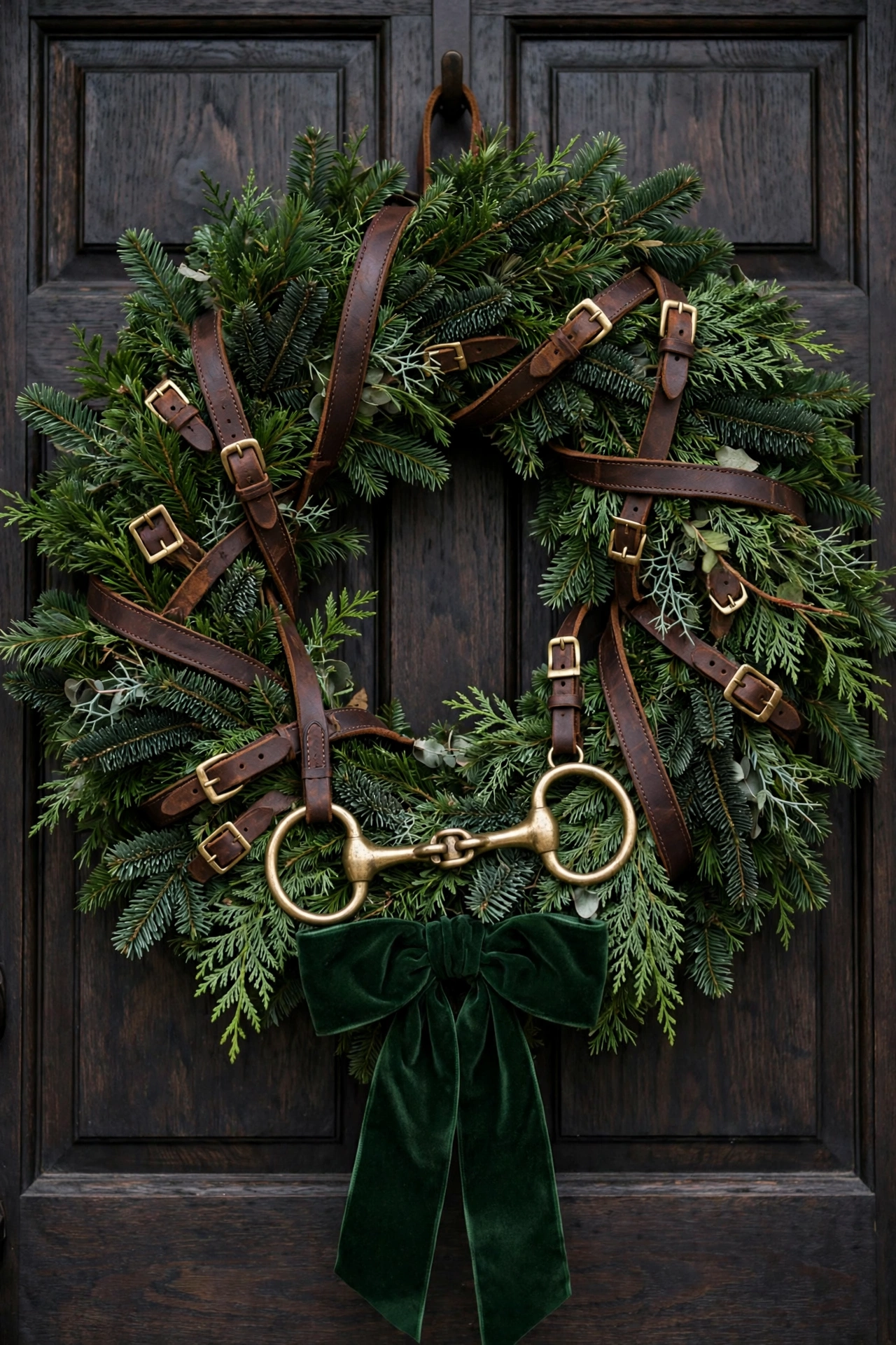 Christmas wreath with leather bridle accents and brass details