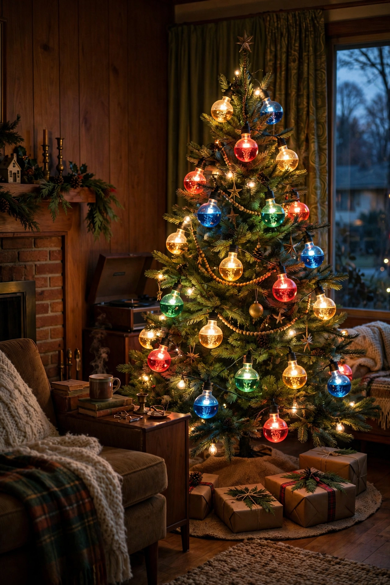 Mid century Christmas tree glowing with colorful bubble lights