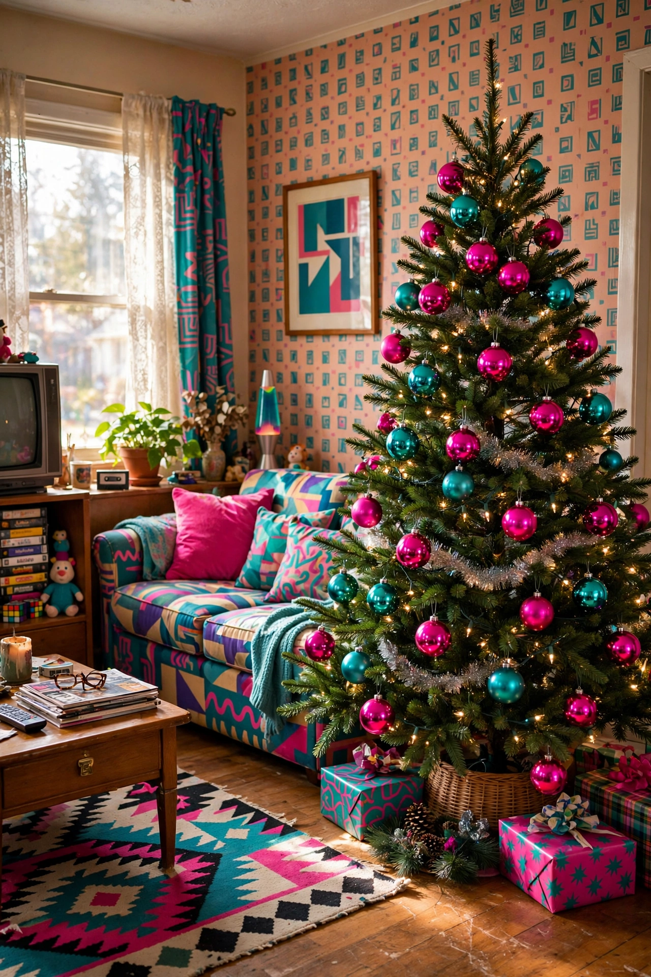 Neon hot pink and teal ornaments on 90s Christmas tree
