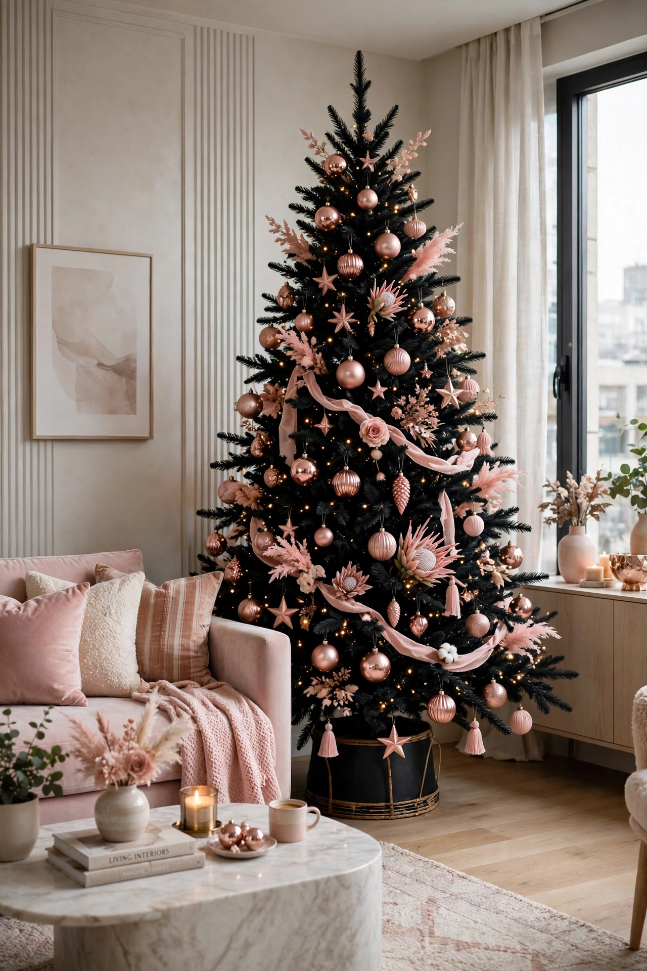 Black Christmas tree with rose gold ornaments and blush accents in a chic apartment living room