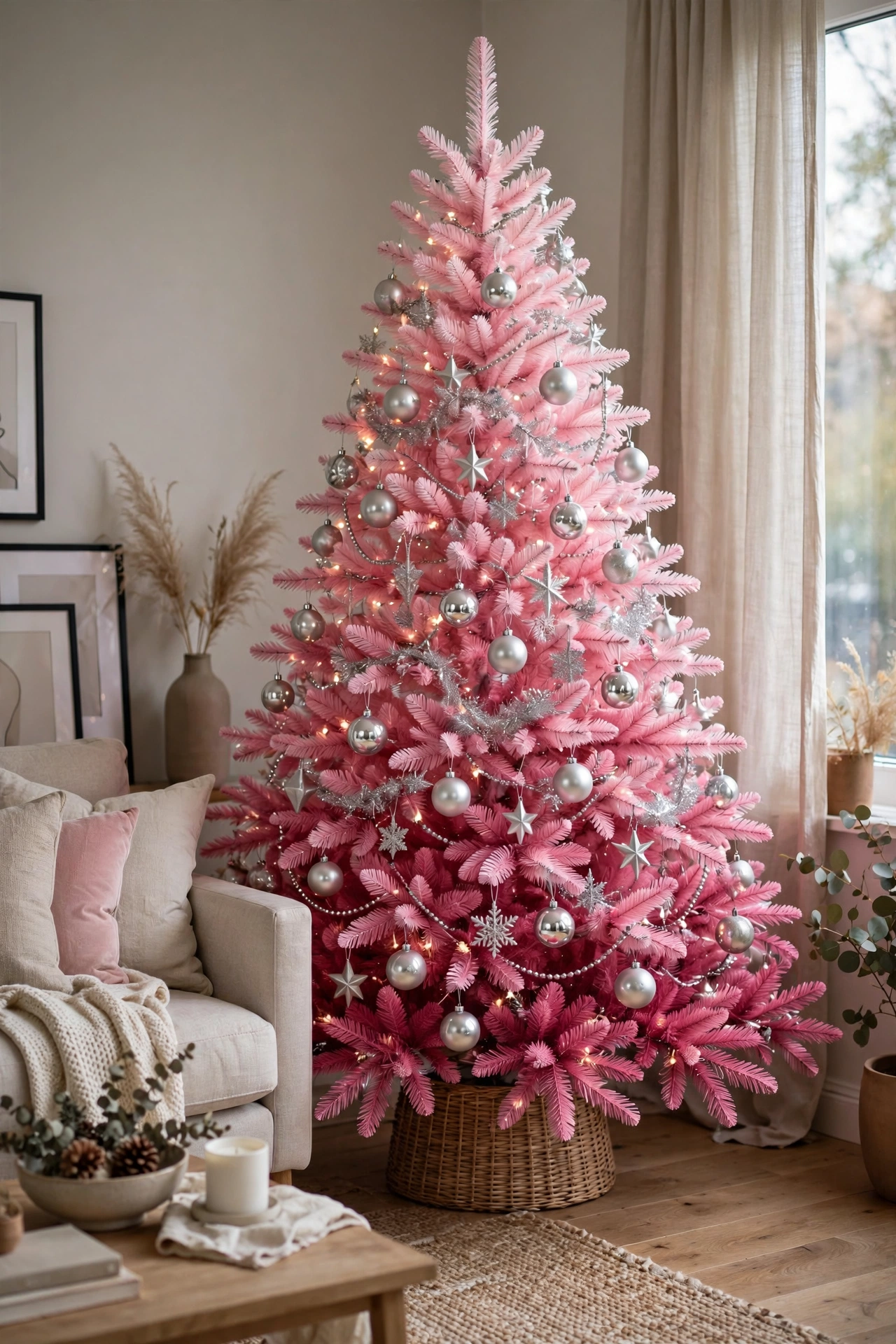 A pink ombre Christmas tree fading from light pink at the top to deep pink at the bottom with silver ornaments.