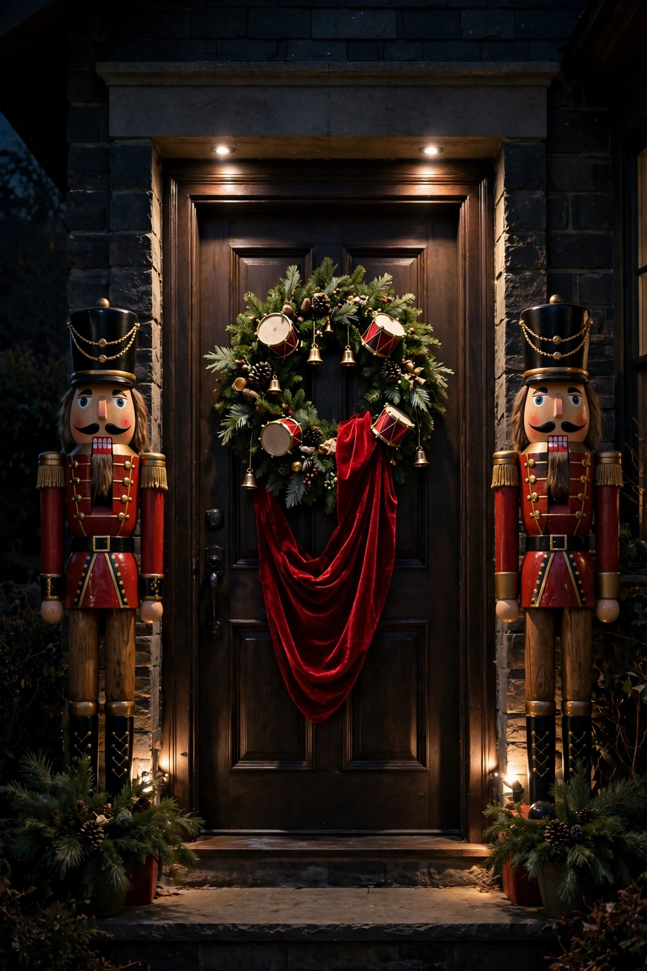 Nutcracker soldier figures guarding a decorated Christmas door