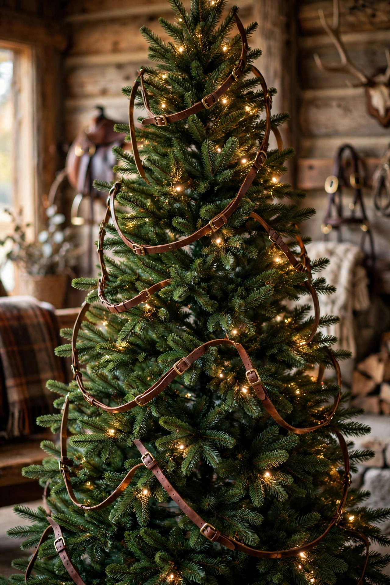 Brown leather strap garland wrapped around Christmas tree