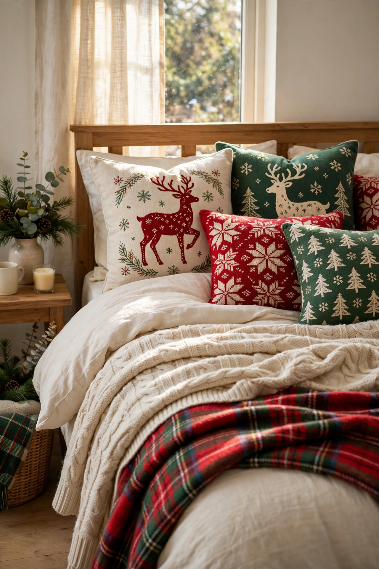 Bed with Christmas throw pillows featuring reindeer and tree designs