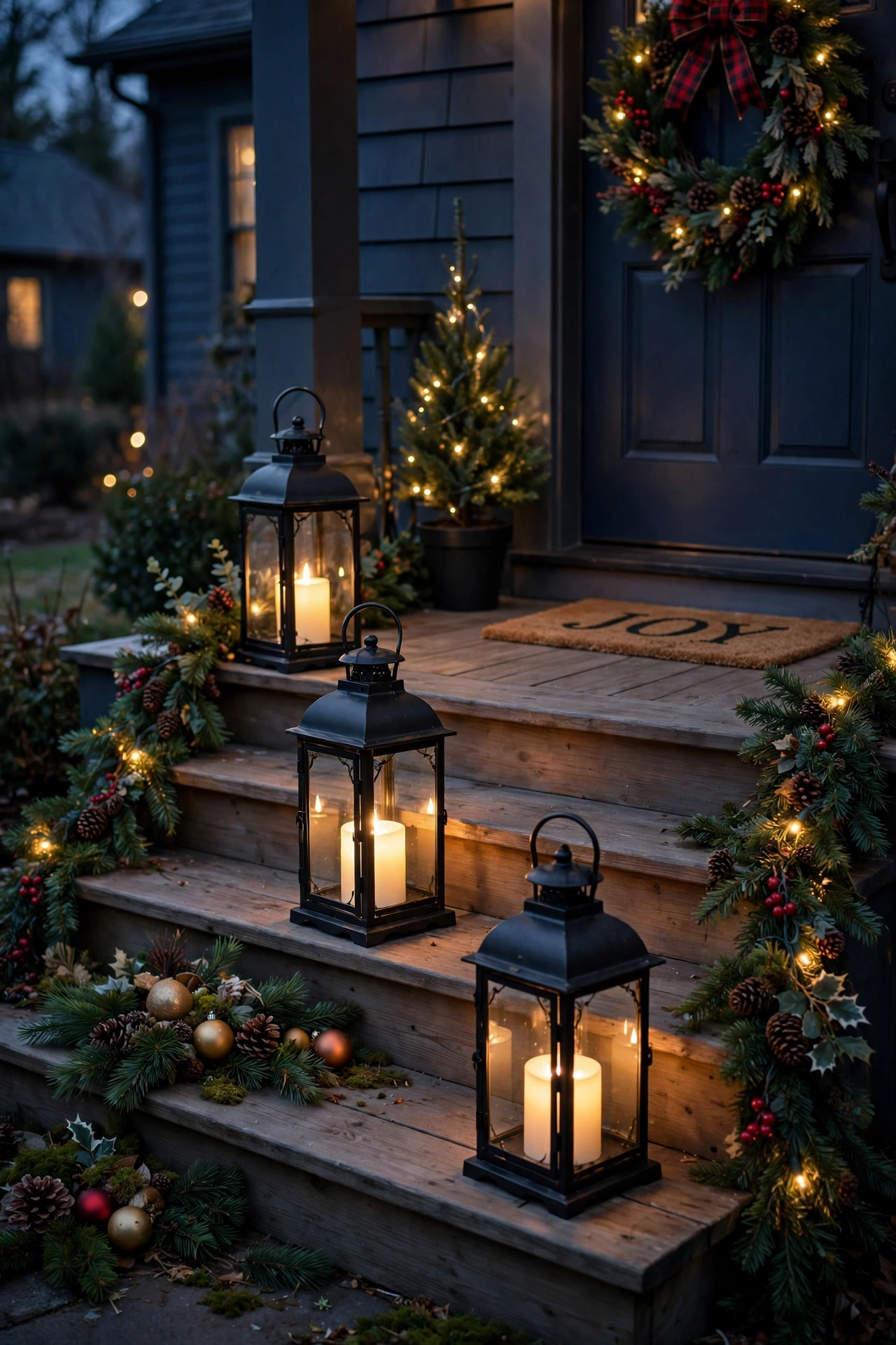 Black metal lanterns with glowing candles arranged on front porch steps decorated for Christmas.