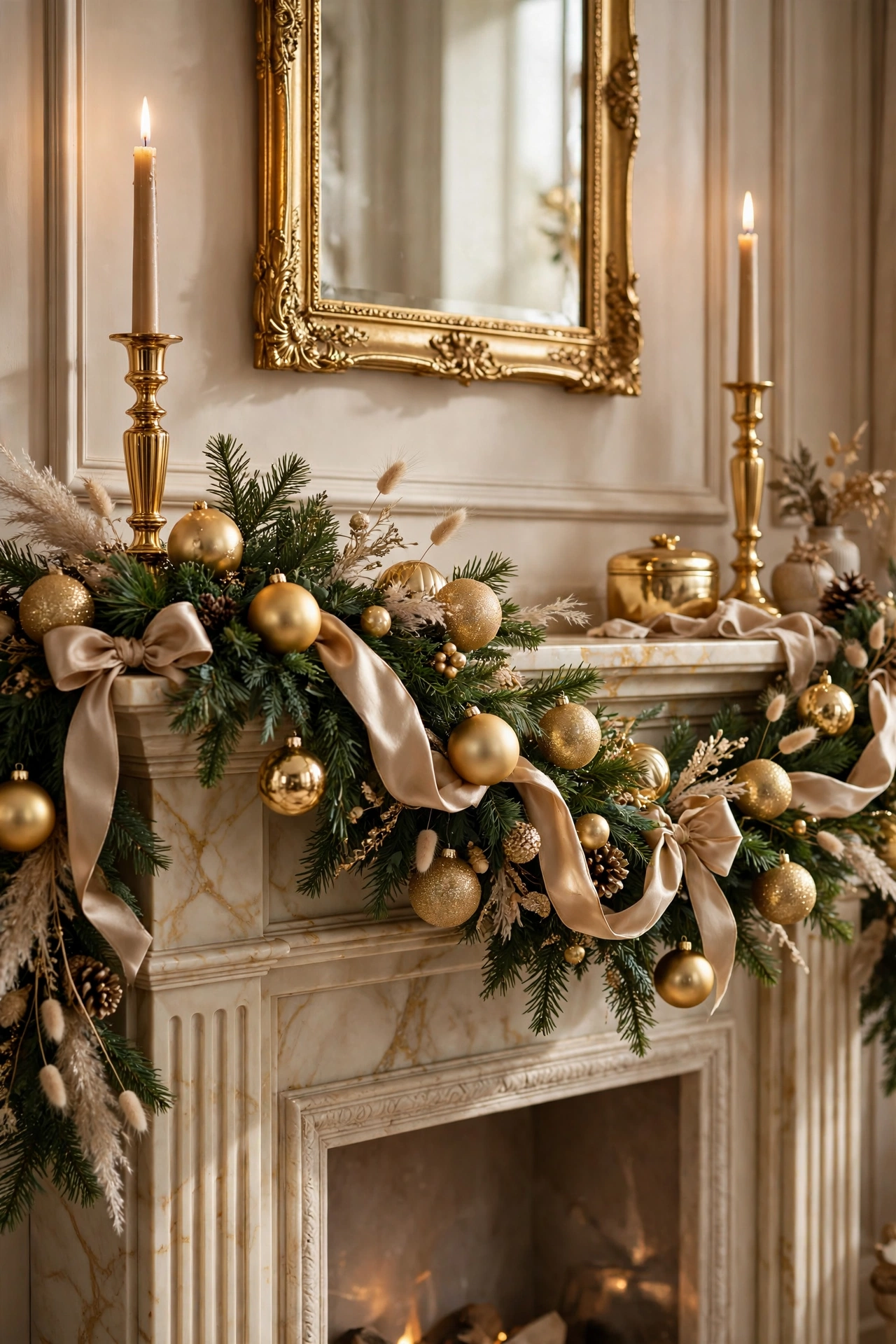 An elegant Christmas mantle in gold and champagne tones with metallic ornaments.
