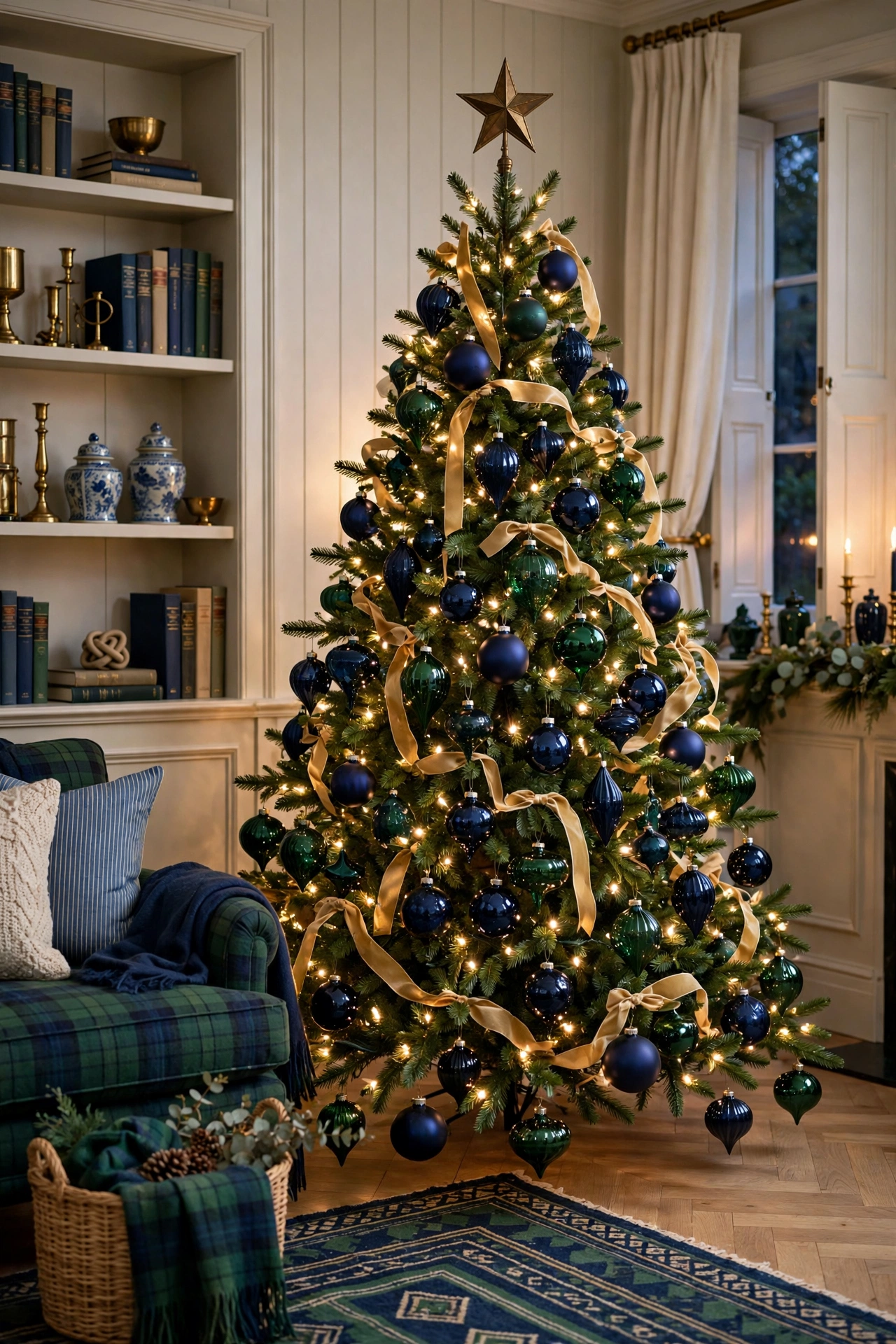 Christmas tree decorated in navy blue and deep green ornaments