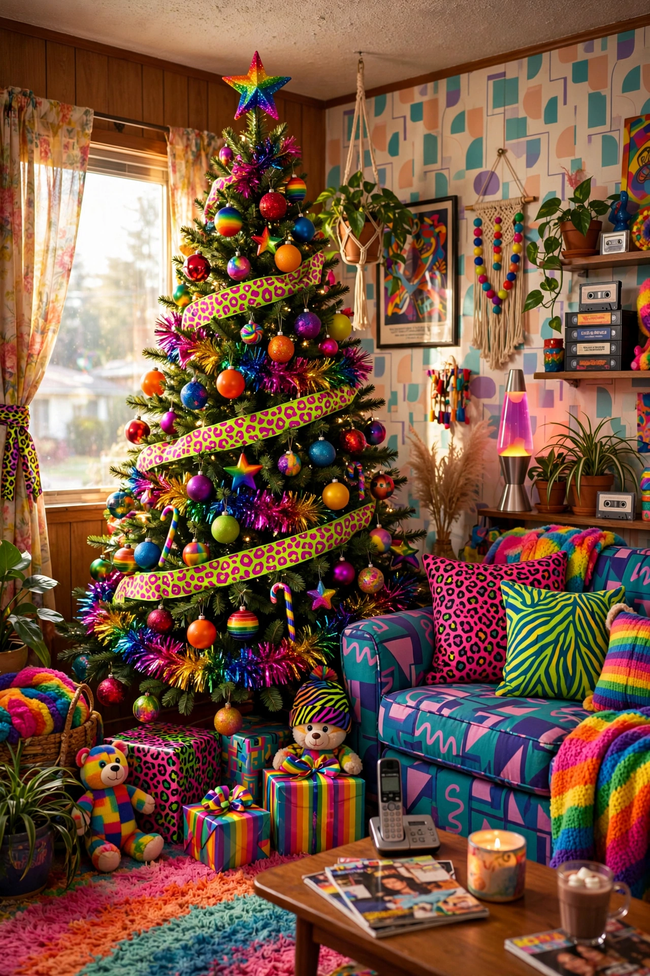 Bright rainbow Lisa Frank inspired ornaments on Christmas tree