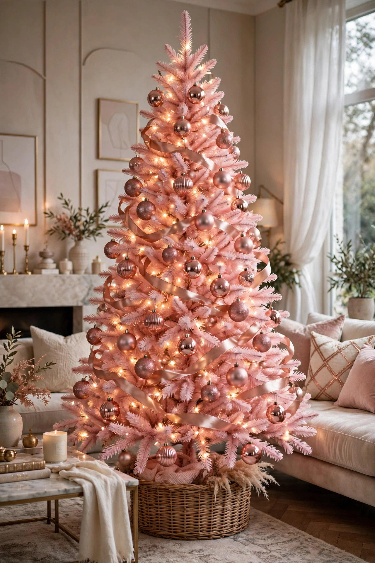 An elegant pink Christmas tree decorated with rose gold baubles and ribbon garlands in a sophisticated living room.