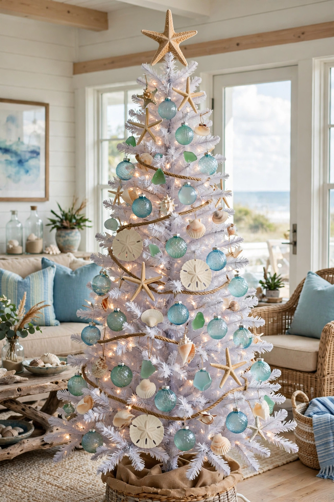 Coastal blue and white Christmas tree with seashell ornaments