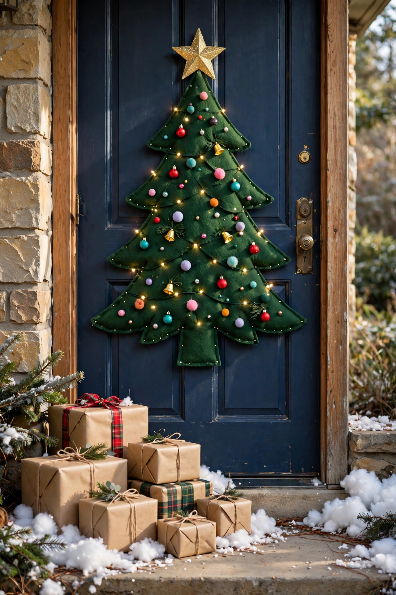 Felt Christmas tree mural decorated on a front door