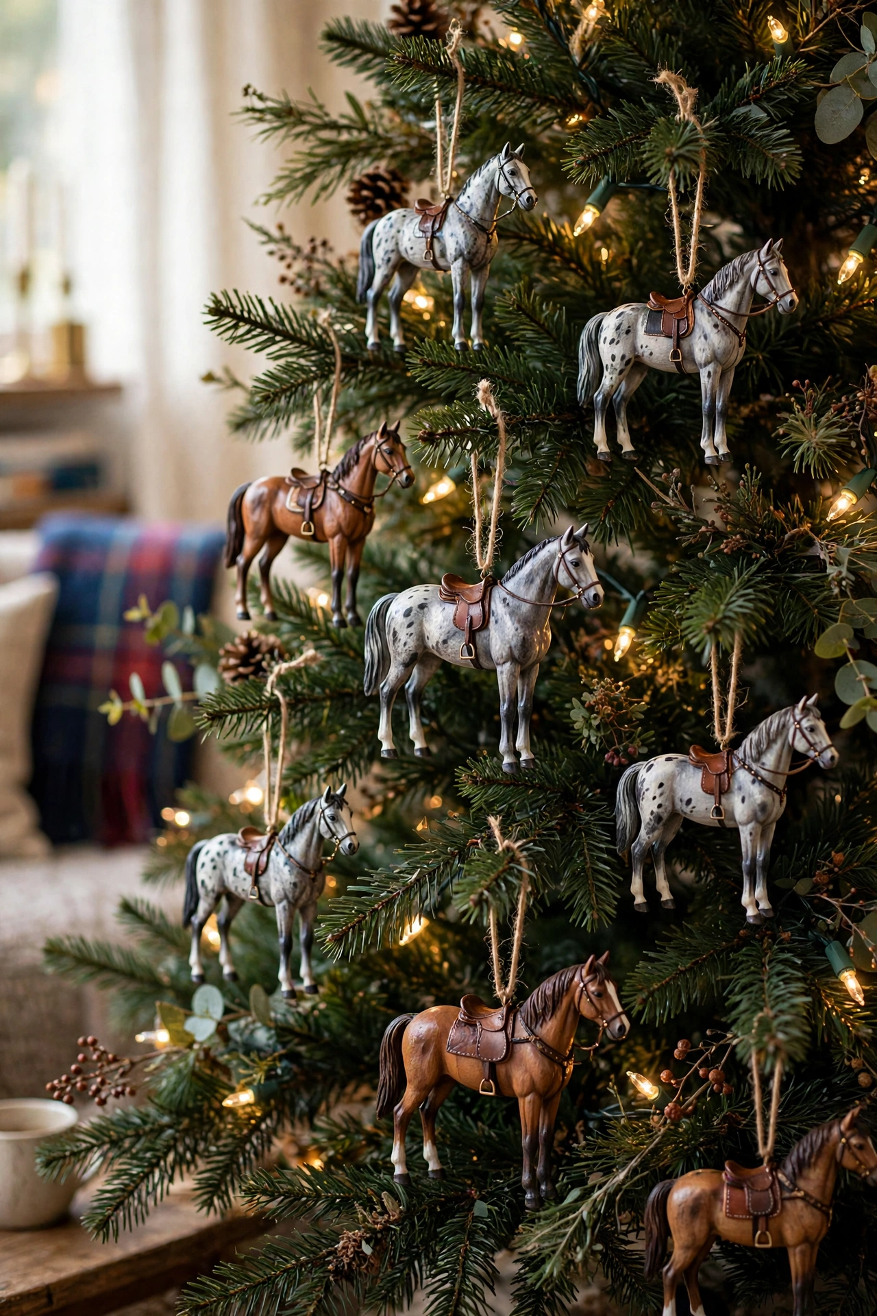 Hand painted equestrian horse ornaments on Christmas tree