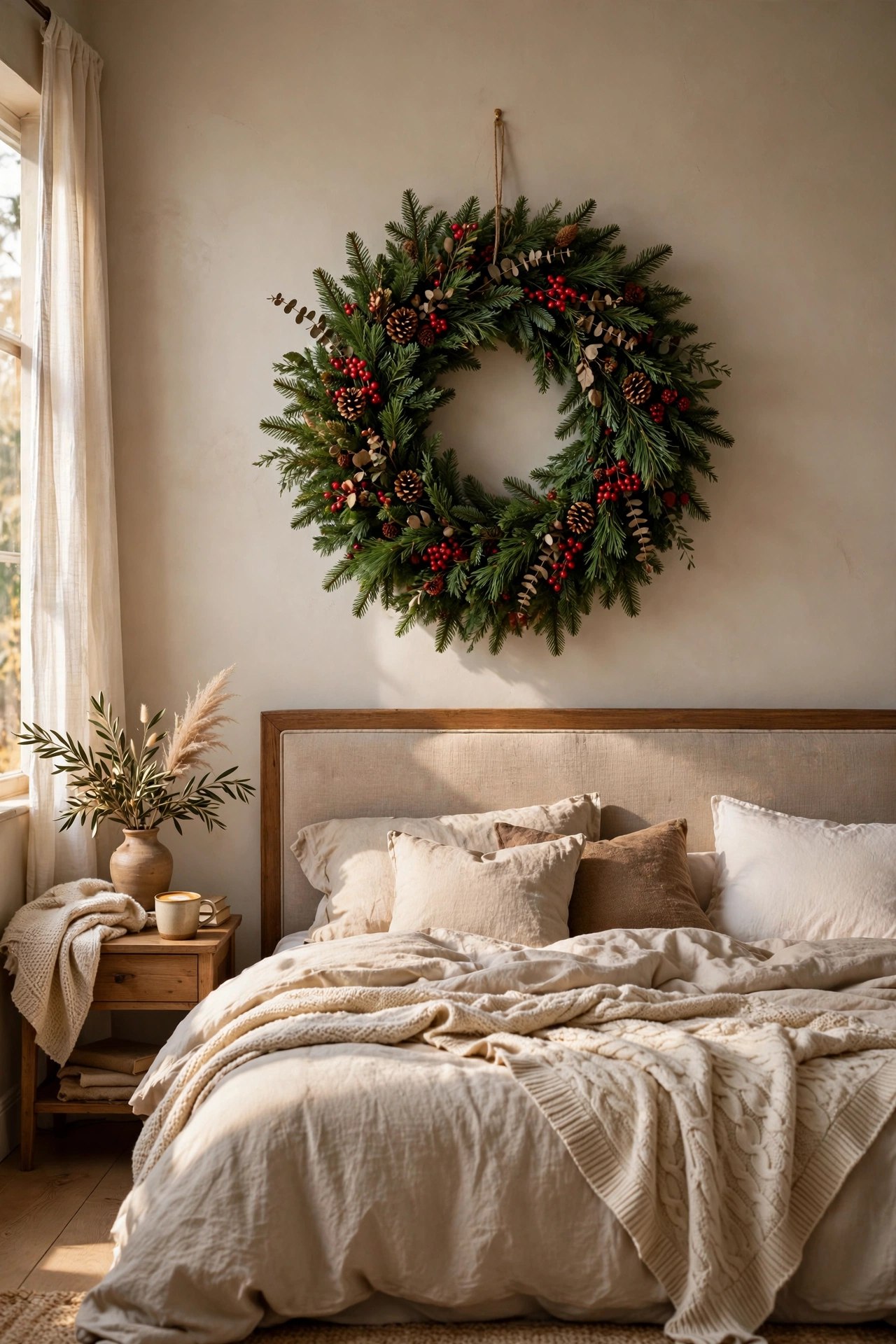 Evergreen Christmas wreath hanging on wall above bedroom bed