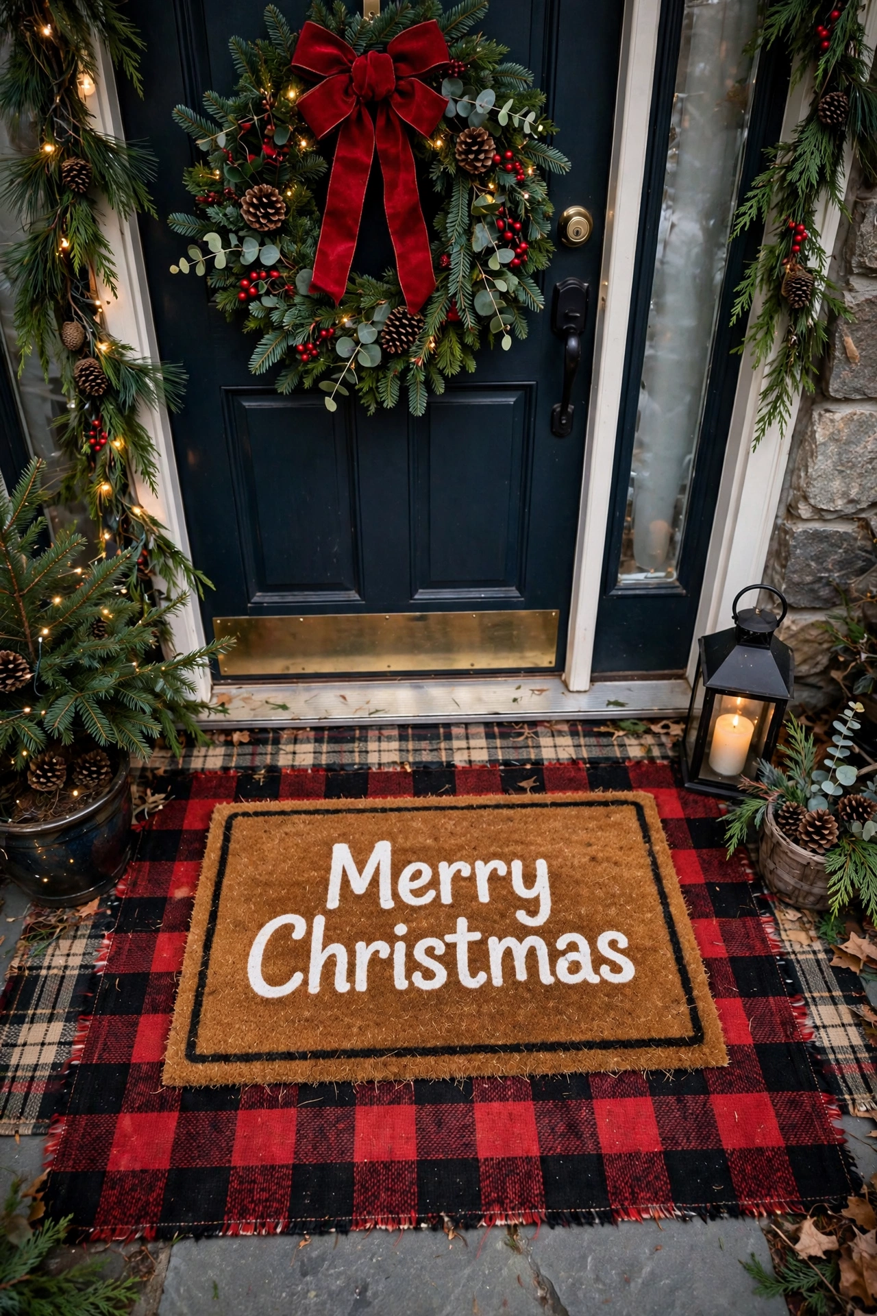 A Christmas doormat reading Merry Christmas layered over a plaid rug at a front door.