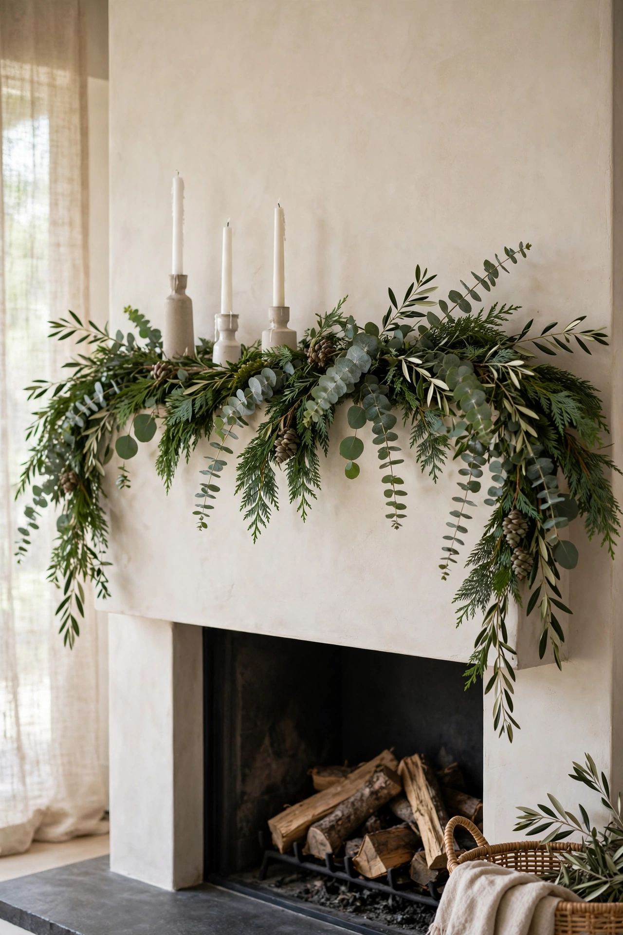 A fireplace mantle with a fresh eucalyptus and cedar garland for a natural look.