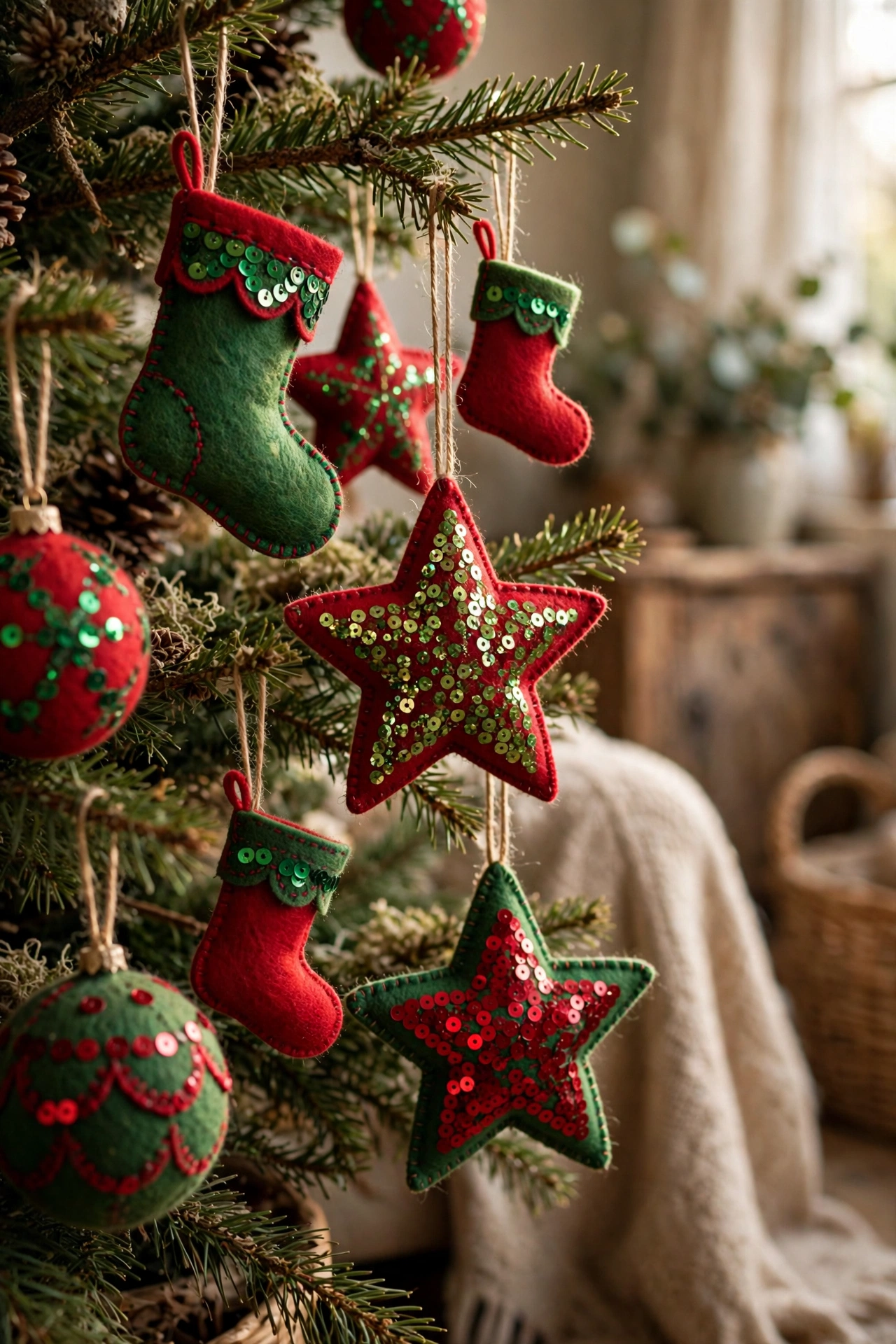 Handmade felt and sequin ornaments hanging on vintage Christmas tree