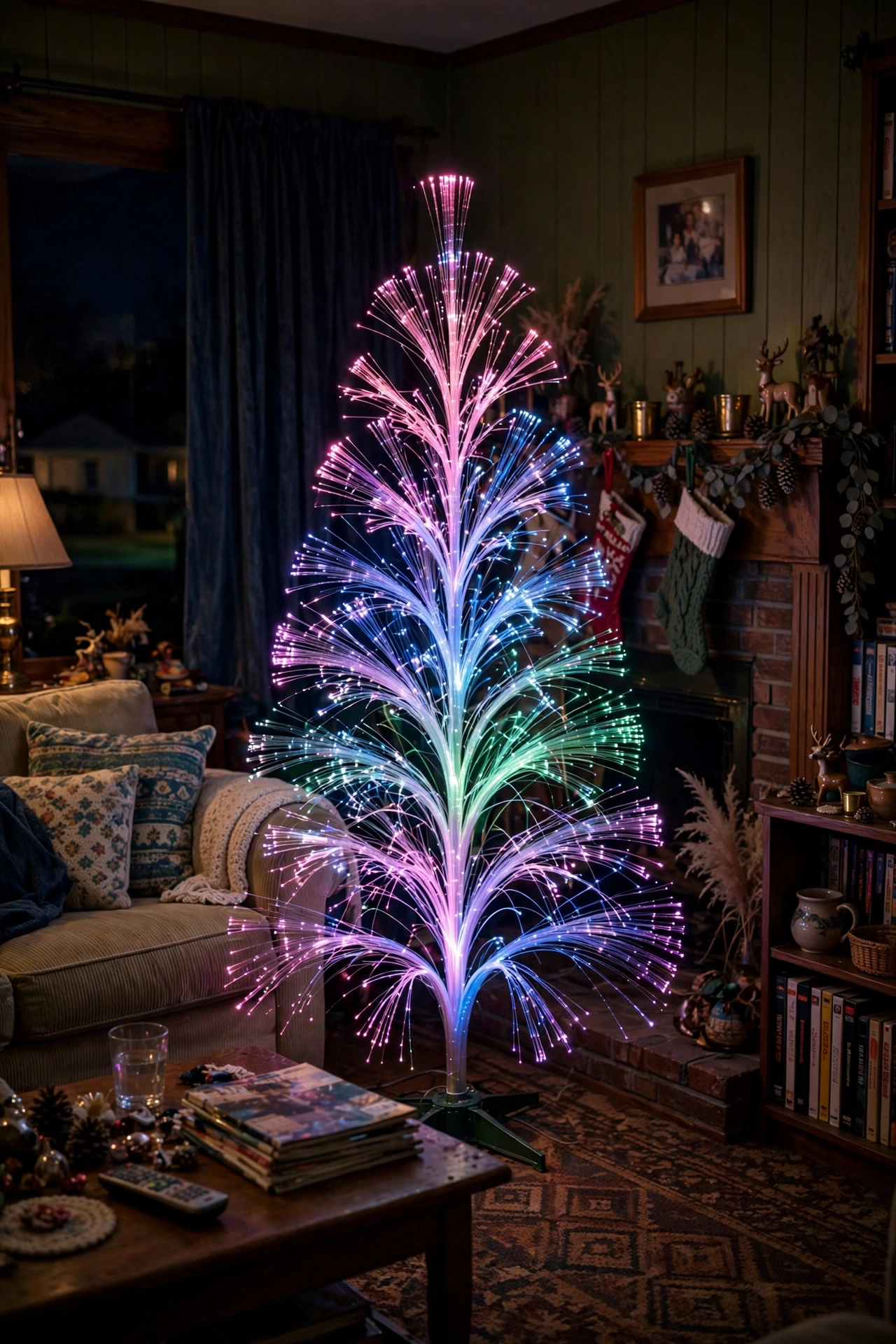 Fiber optic color changing Christmas tree glowing blue and pink