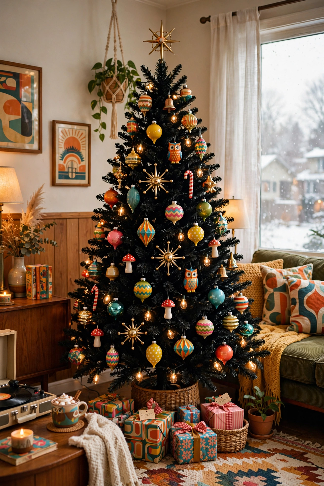 Black Christmas tree with colorful retro vintage ornaments in a cheerful cozy living room