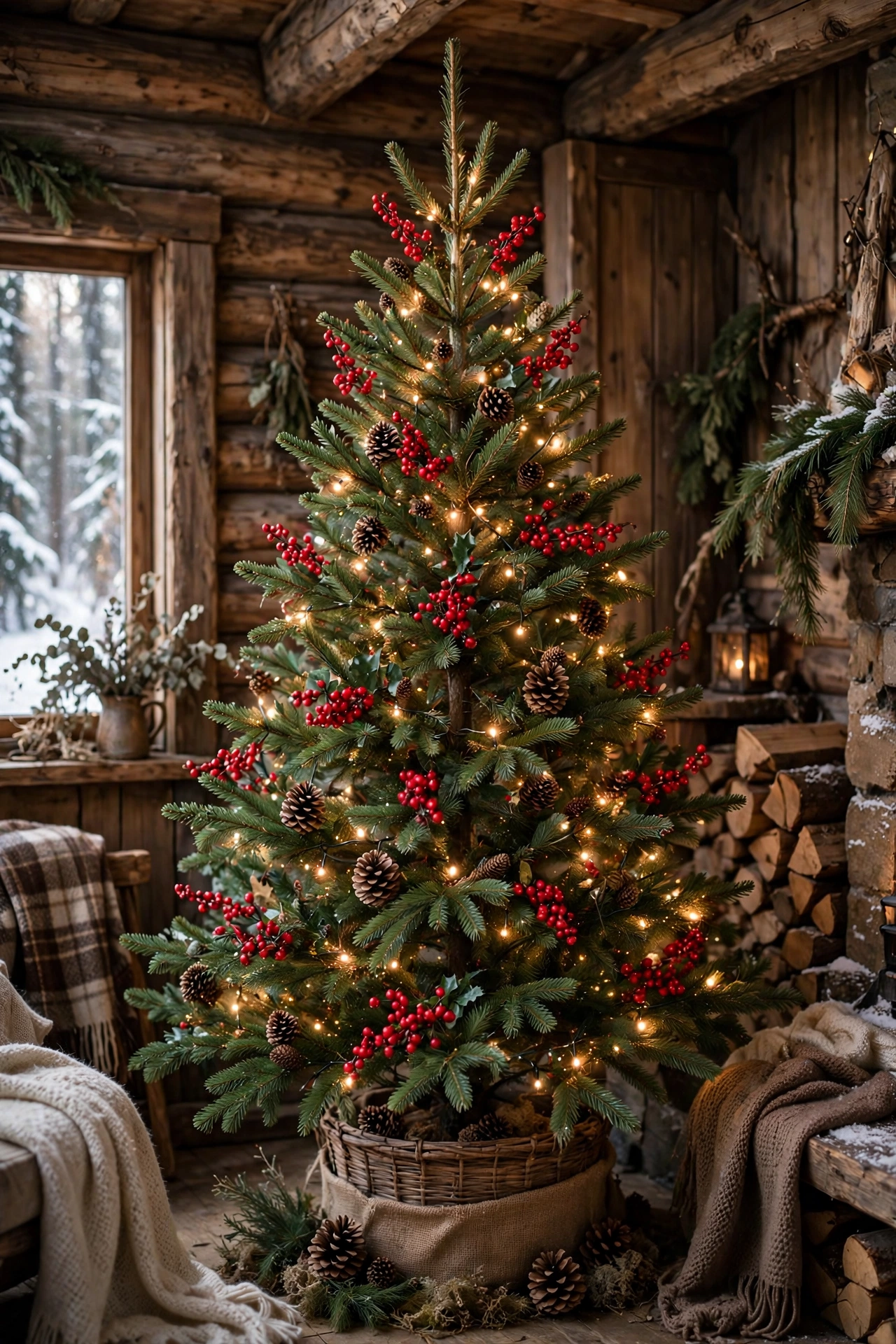 A natural Christmas tree decorated with red berry clusters and pinecones in a cozy cabin interior.