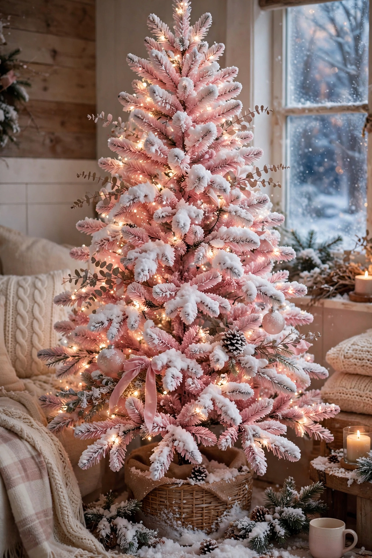A pink flocked Christmas tree dusted with faux white snow and glowing white lights in a cozy room.
