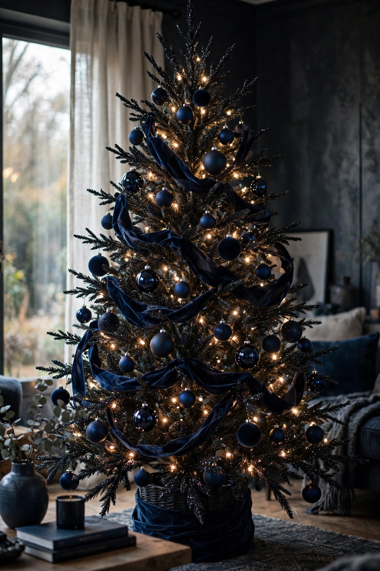 Midnight blue velvet ribbon on dark Christmas tree