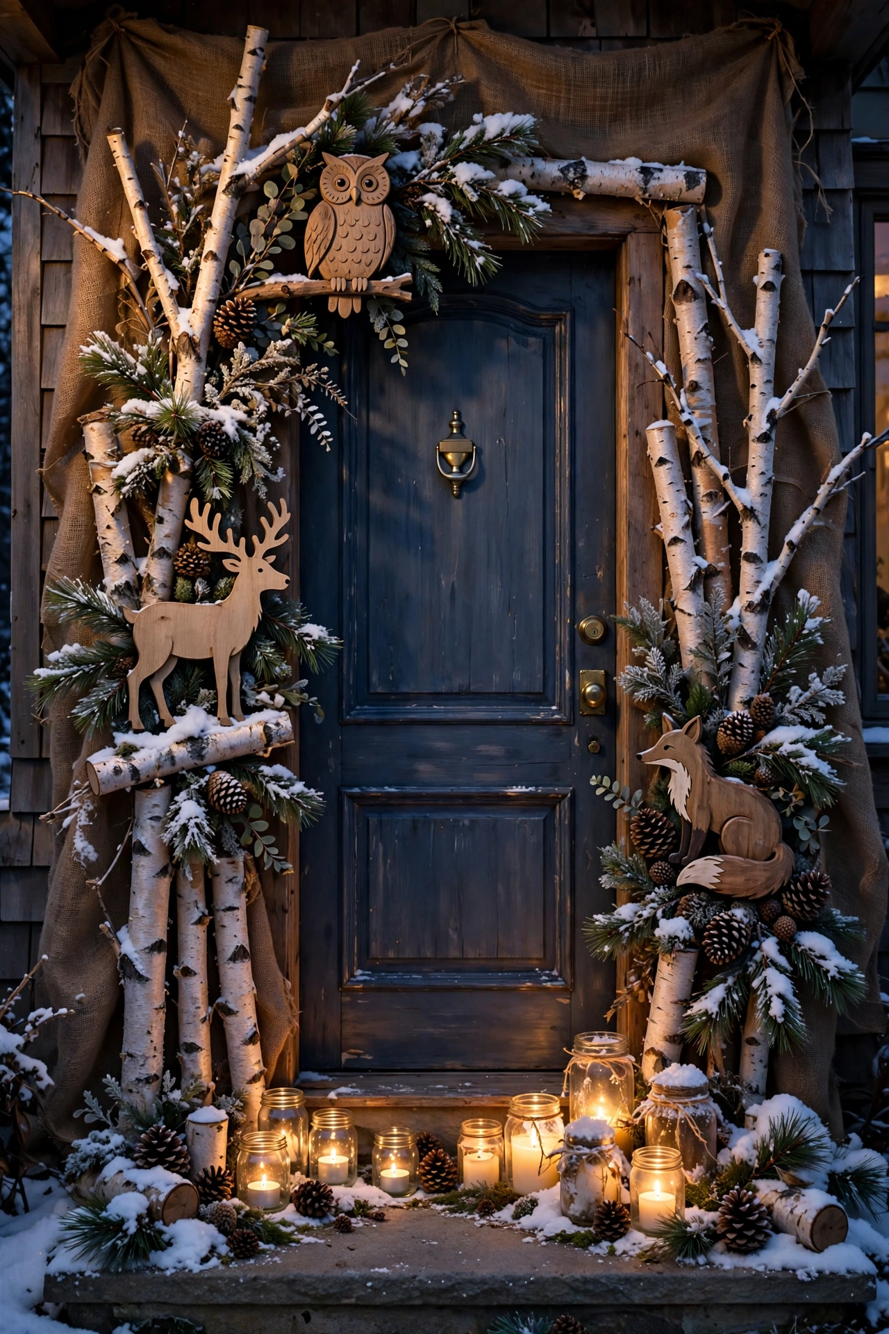 Woodland animal cutouts and pine decor on Christmas door